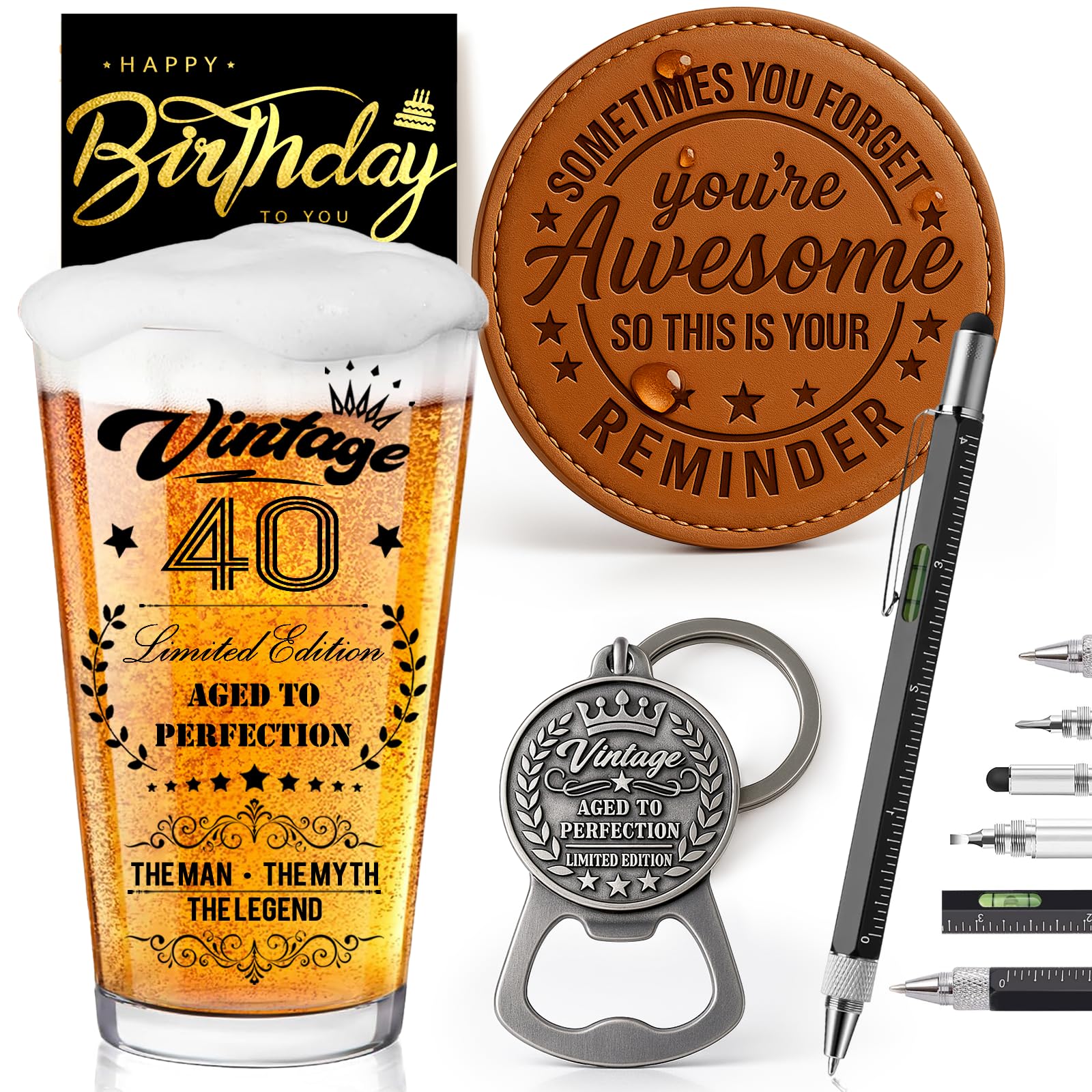 Joybble Men 40th Birthday Gifts, 40 Years Old Beer Glass Gift with Keyrings Leather Coaster, 40th Birthday Decorations for Men, Funny Gift Set for Him, 6 in 1 Pen & Greeting Card for Dad