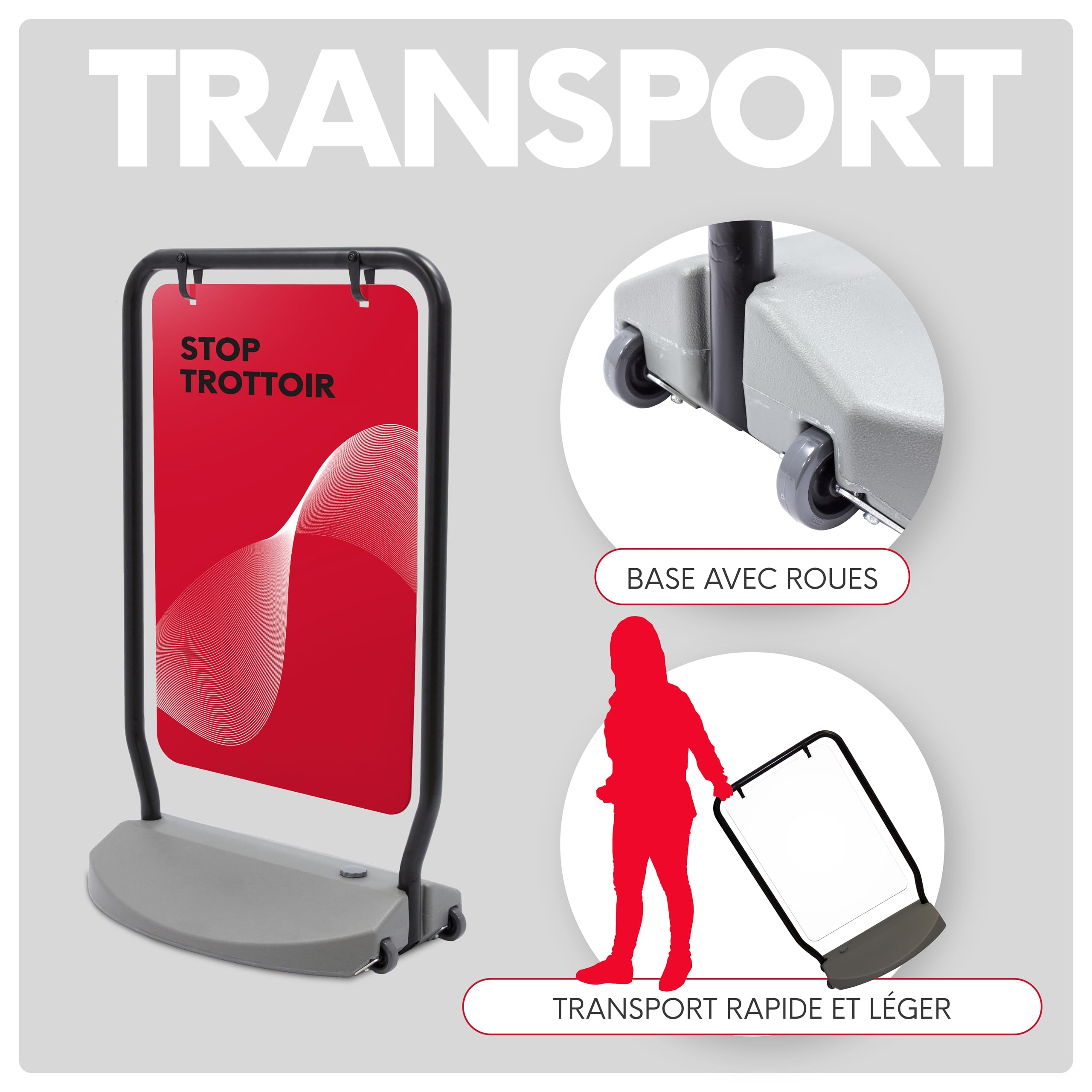 Support publicitaire extérieur avec base rechargeable et roues | Présentoir sur pied avec graphique double face | Affiche pour magasins, foires et événements en plein air