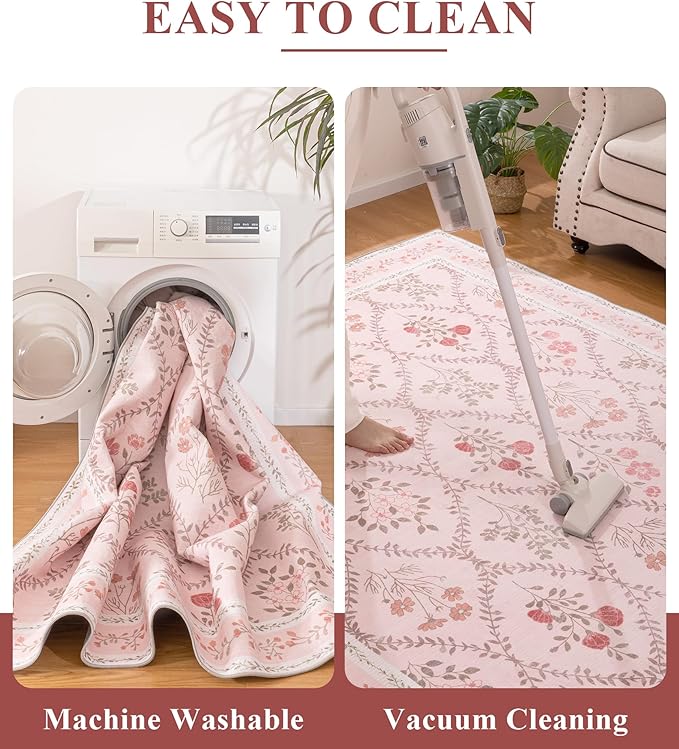 Alfombra Floral Rosa 5x7 Lavable Antideslizante para Dormitorio miniatura 6