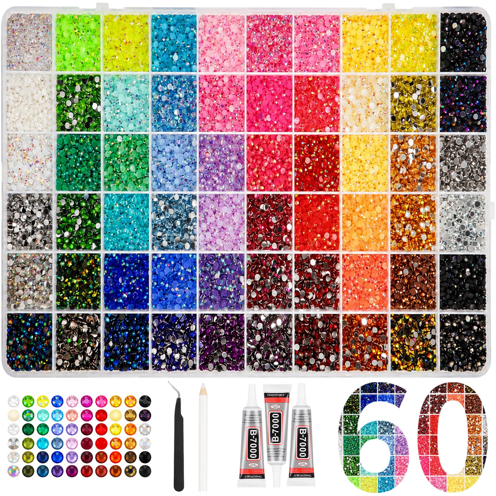 60 Colours Bedazzling Kit 55000 Pcs Flatback Resin Rhinestones With 3 Glues