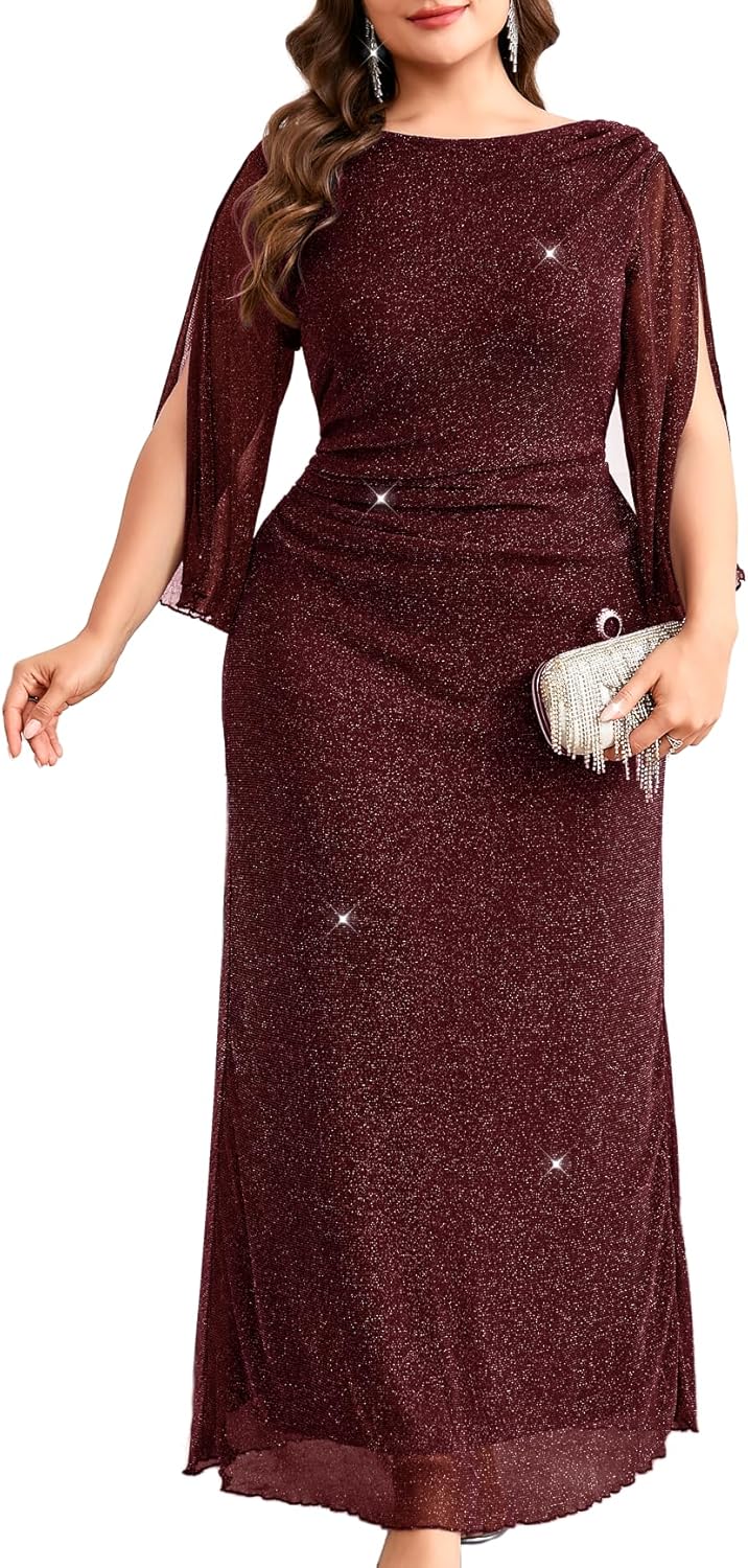 CYCLAMEN Plus Size Sparkly Evening Dress 3/4 Petal Sleeve V-Back Ruched Maxi Gown for Wedding Guest Mother of The Bride