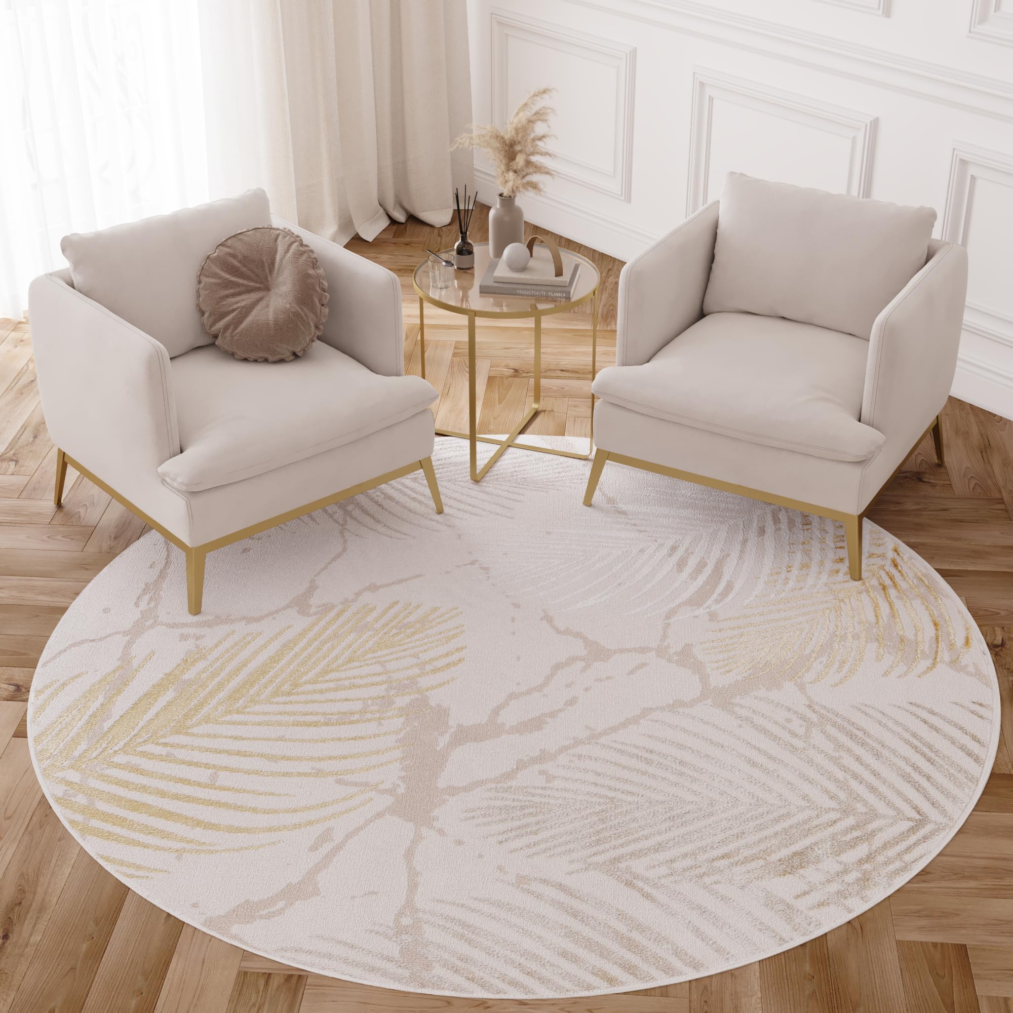 TAPISO Crystal Redonda Alfombra de Pelo Corto Brillante Suave Moderna Dorado Marrón Crema Beige Blanco Hojas de Palma Tropical Efecto 3D Salón Habitación Dormitorio Oeko-Tex 100 x 100 cm