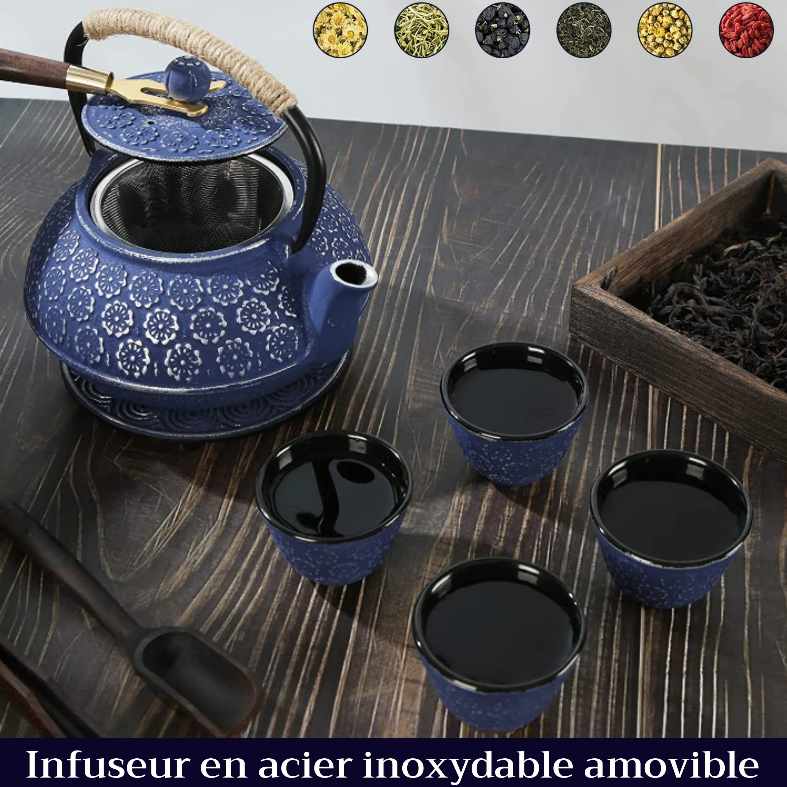 Théière Japonaise En Fonte Bleue Avec Infuseur Inox Amovible - 1000ml, Motif Floral Élégant Pour Thé En Vrac, Sachets Et Café