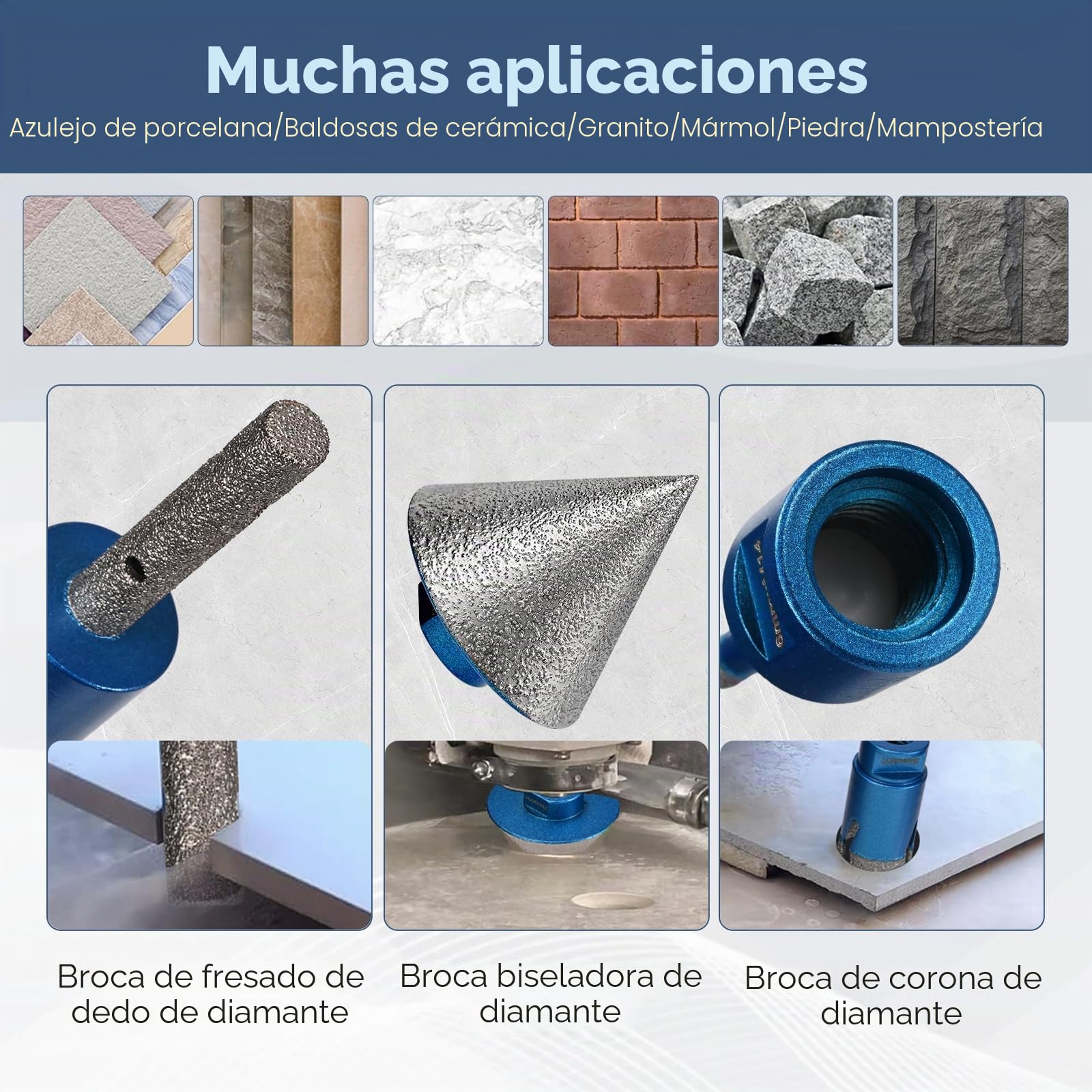 10 unidades Juego de brocas de diamante (6/8/20/35/50/68 mm), coronas para porcelanico, Brocas Chaflán Biselado para azulejos de porcelana, cerámica, granito y mármol