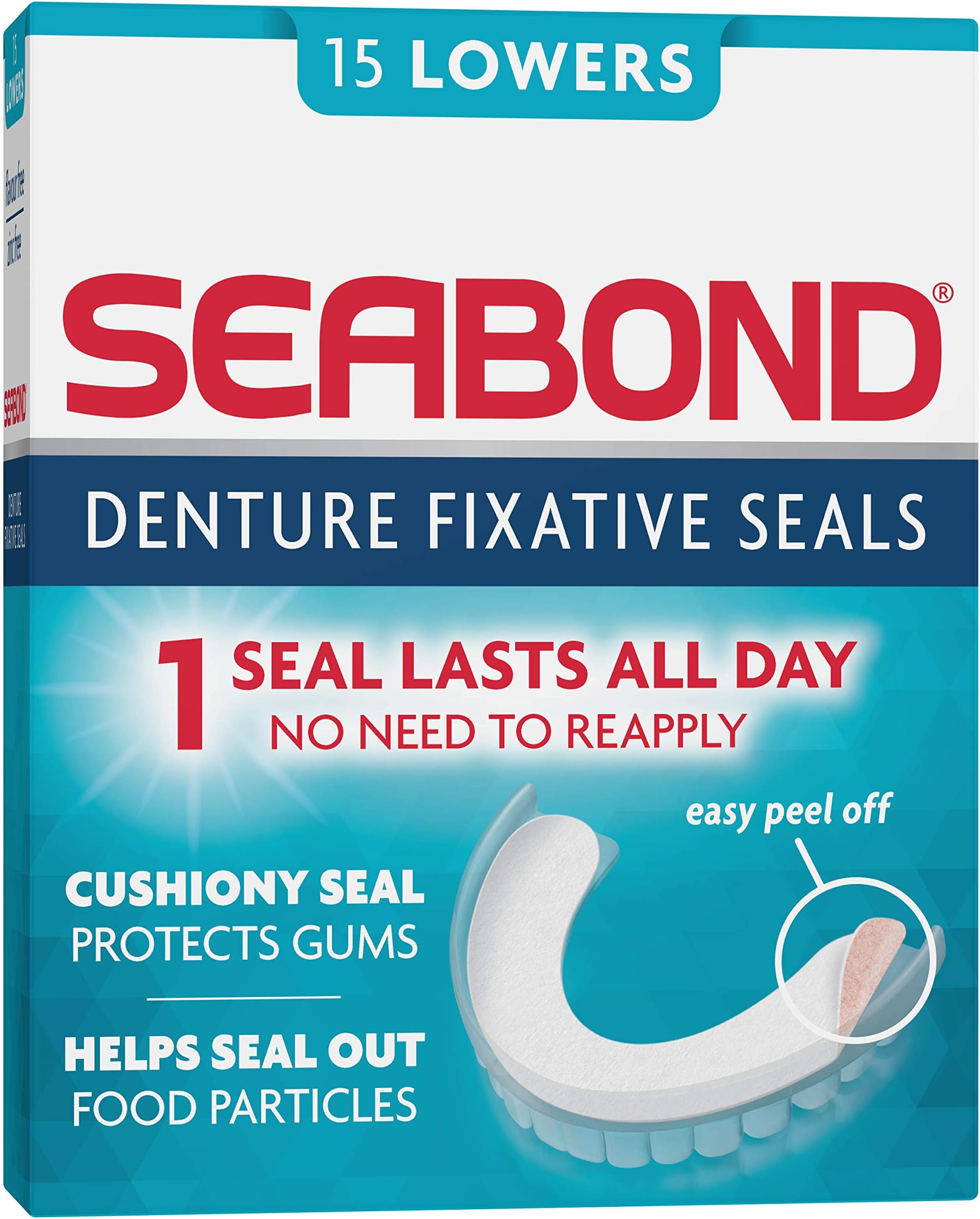 Seabond Denture Fixative Seals, Soft Adhesive Cushion, Last All Day & Protect Gums, 15 Lowers