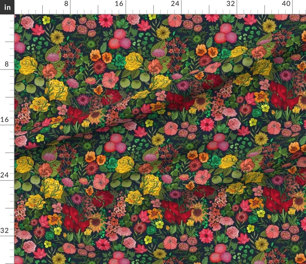Spoonflower Fabric - Chintz Garden Florals Botanical Plants Flora Dark Rainbow Multicolored Printed on Petal Signature Cotton Fabric by The Yard - Sewing Quilting Apparel Crafts Decor
