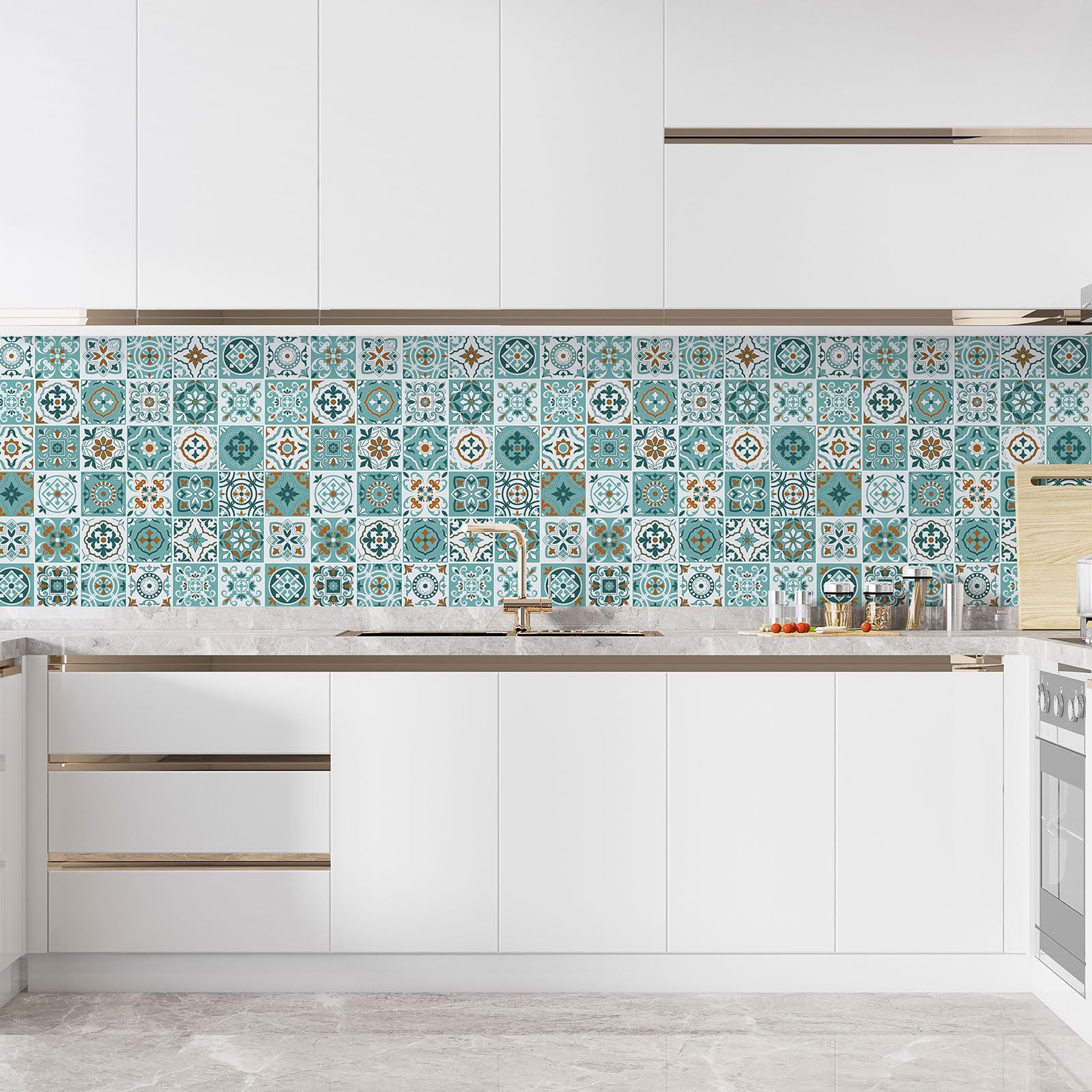 Lumalea Adesivo per cucina, effetto piastrelle di cemento, 3617681629504, adesivo + protezione lucida, 90 x 90 cm