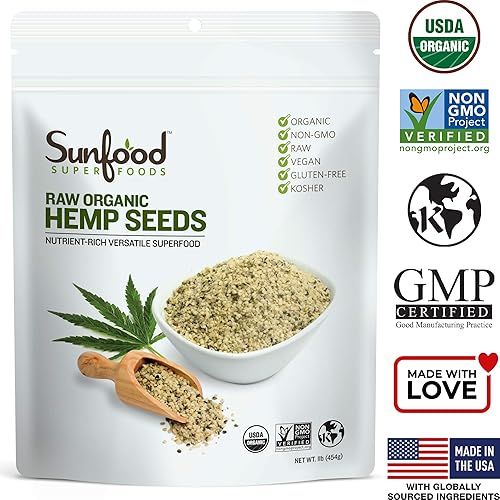 Miniatura 3 de Sunfood Superfoods Semillas de cáñamo sin cáscara. Crudas, orgánicas, sin OMG. Valor a granel. Ricas en proteínas, aminoácidos, grasas vegetales