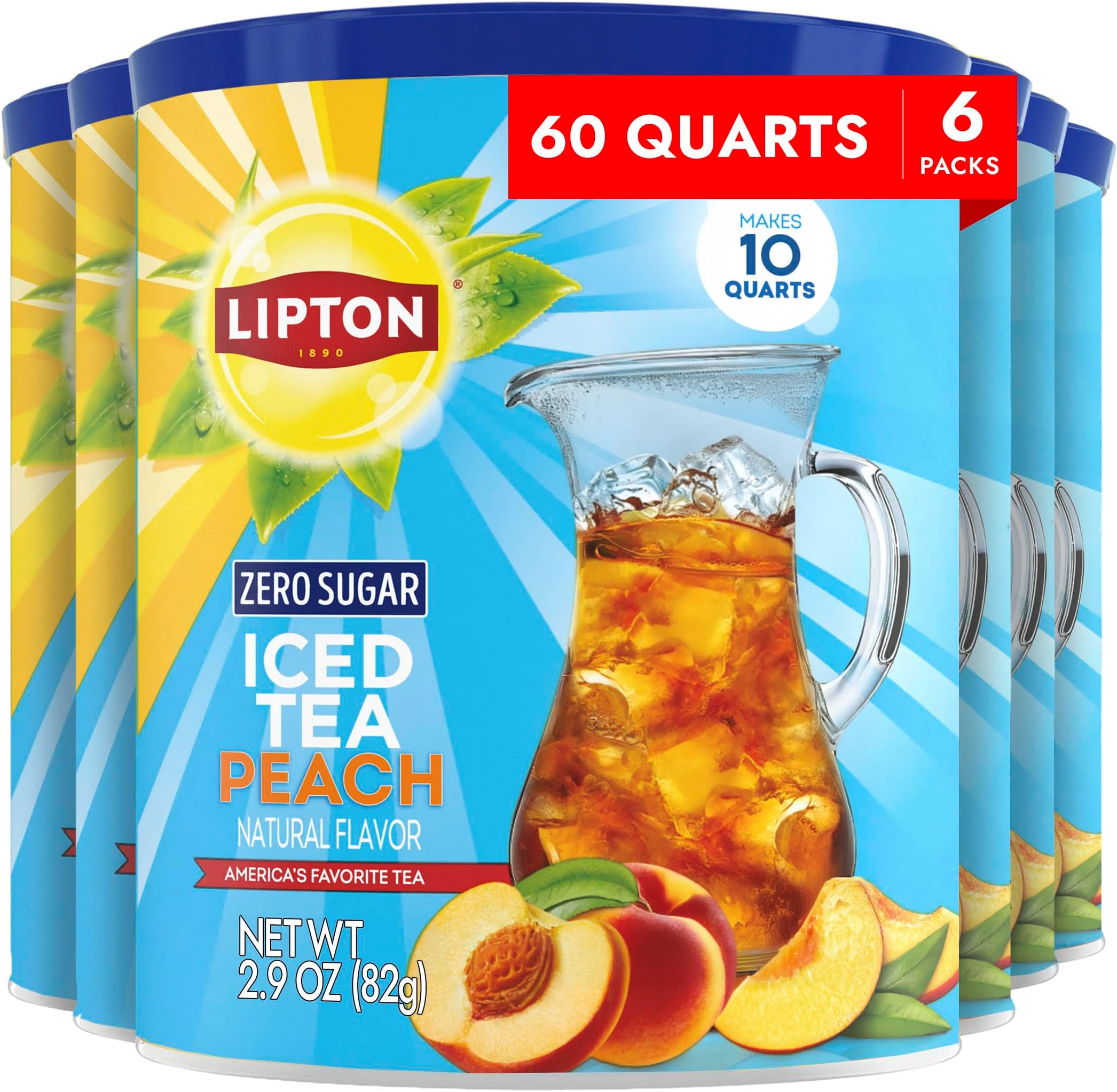 Zero Sugar Iced Tea Mix, Peach Flavor Black Iced Tea, Makes 10 Quarts (Pack of 6)