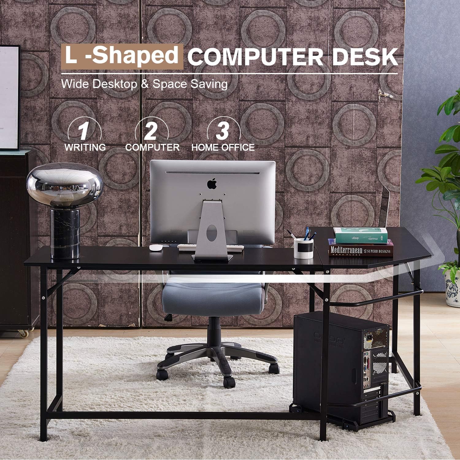 L-shaped desk set up in a home office with a computer and accessories