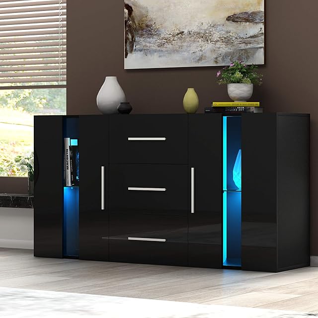 Panana 2 Door & 3 Drawer Modern RGB Lights Sideboard Cabinet, Matt & High Gloss Cupboard Unit Livingroom (Black)