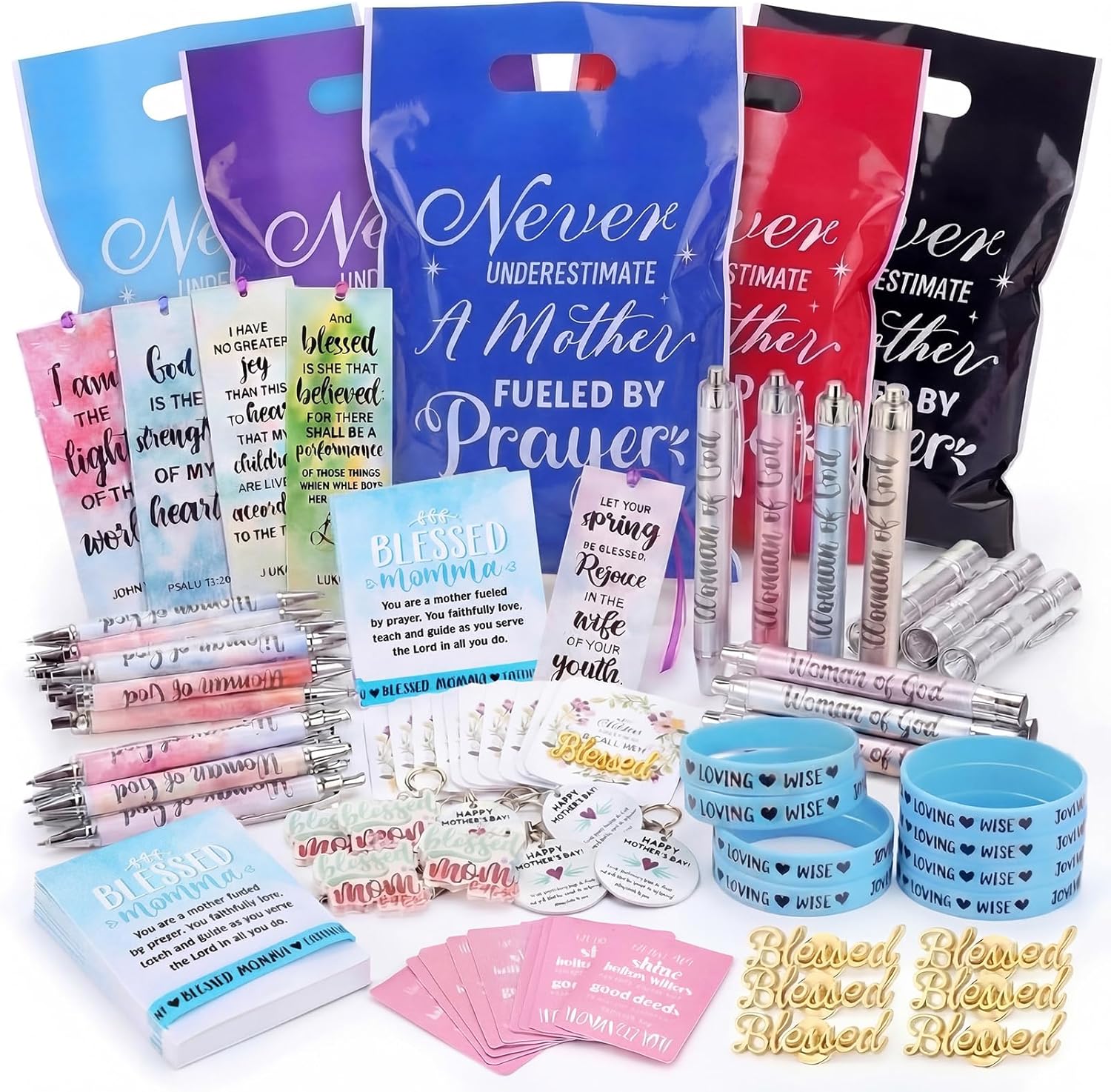 Epakh 120 Pcs/12 Sets Religious Mother's Day Items Gifts for Women Bulk Christian Gift Bag Bookmark Pen Flashlight Keychain Pin Wristbands with Bible Verse Card for Mother's Day Christian Church Favor