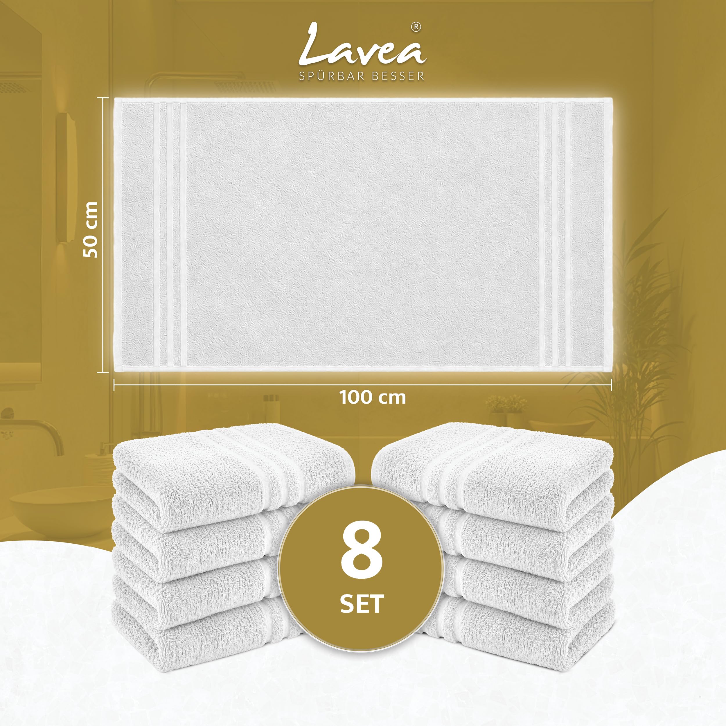 Lavea® Set Asciugamani Bagno 8 Pezzi 50x100 cm – Spugna 100% Cotone Morbida e Assorbente – Asciugamani Viso, Mani e Bidet per Casa, Hotel, Spa – Bianco