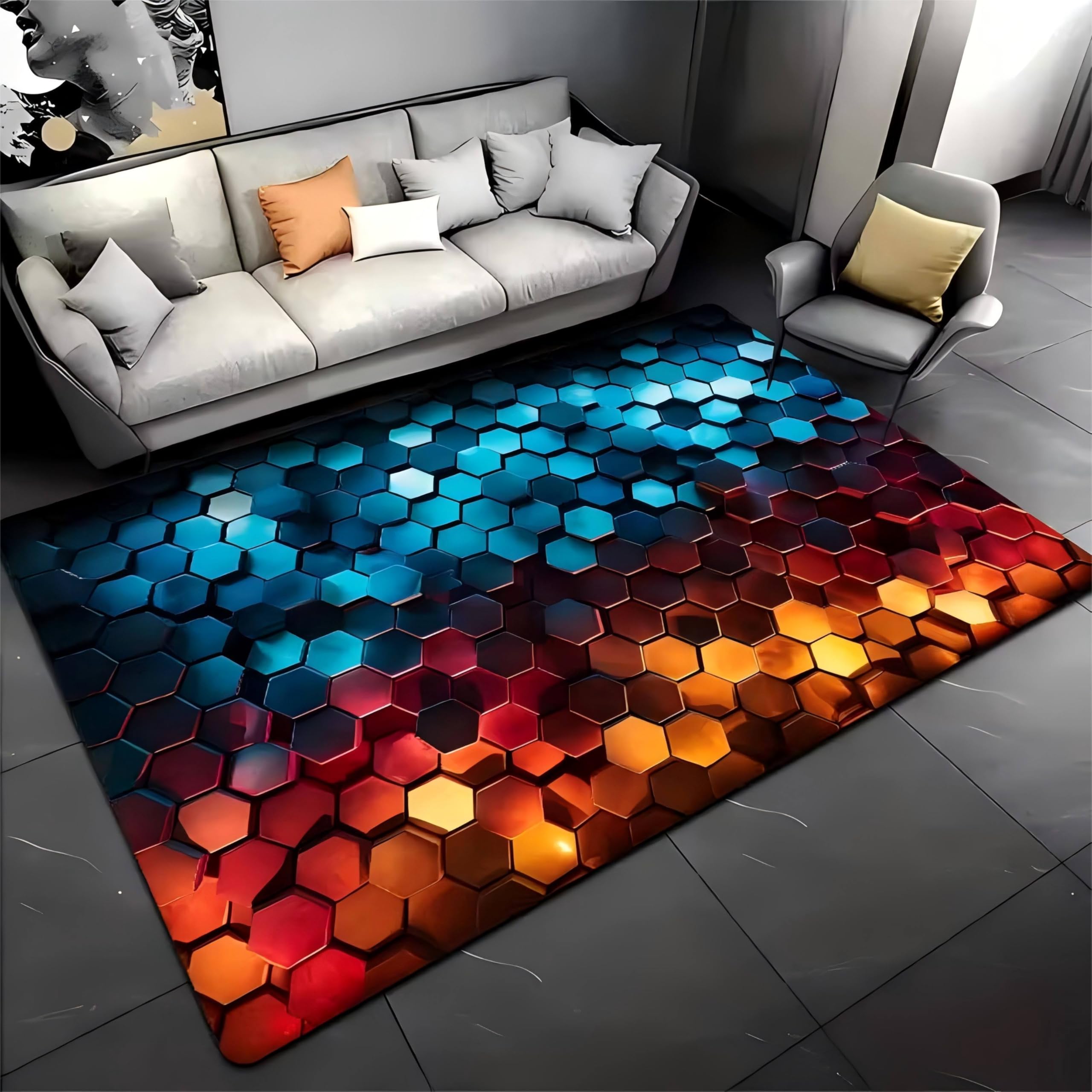 Geometric Rug for Living Rooms, 120x180cm 3D Honeycomb Illusion Orange and Blue Hexagonal Decorative Rugs, Non-Slip and Washable Play Rugs for Boys', Girls' and Teenagers' Bedrooms Dining room