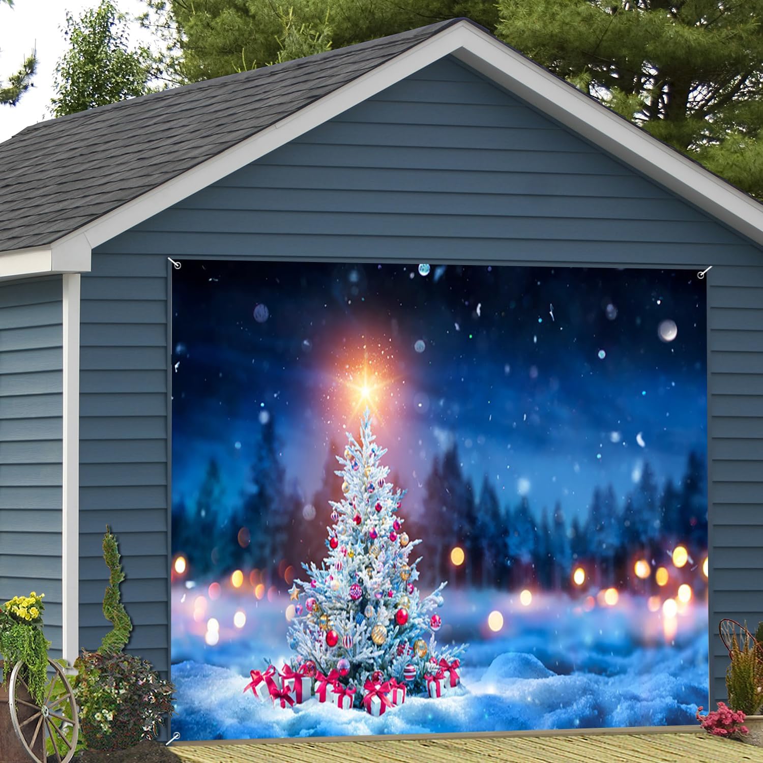 7x8ft Winter Christmas Tree Garage Door Decor Wonderland Snowy Pine Forest Gift Box Snowflake Bokeh Shining Stars Garage Door Cover for New Year Eve Party Decor Studio Props
