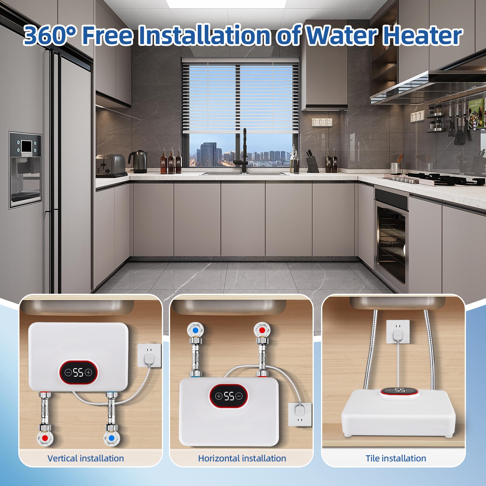 Elektrischer Durchlauferhitzer 5,5kW, 220V Instant Warmwasserbereiter mit Digitaldisplay & 3-Stufen-Leistungsmodus, IPX4 30-52℃ für Dusche, Küche & Garten [Energieklasse A] - Mit Regen
