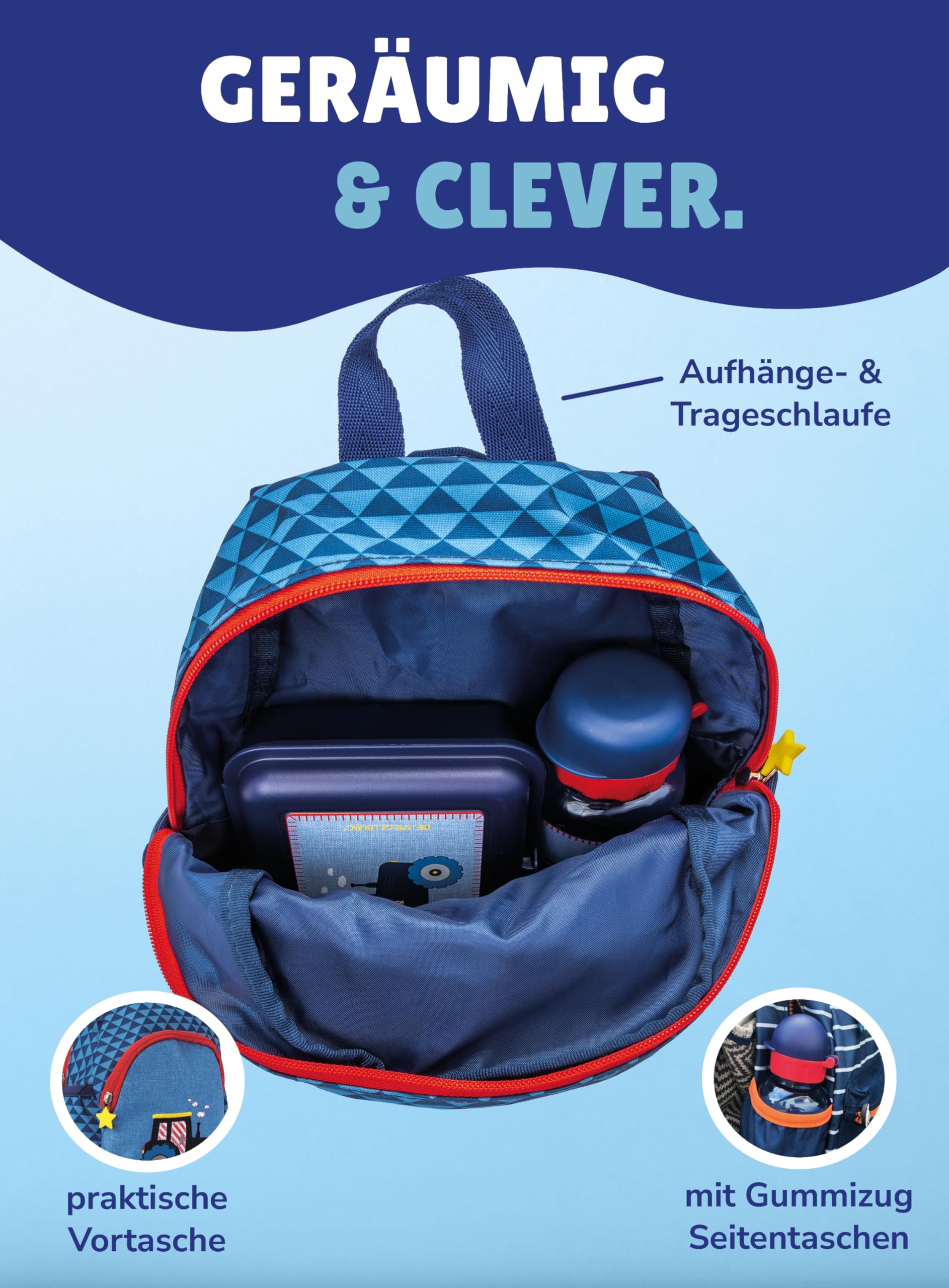 Familando Spiegelburg Kindergarten Rucksack Set 4tlg. mit Turnbeutel, Brotdose und Trinkflasche Traktor Bulldog für Jungen und Mädchen