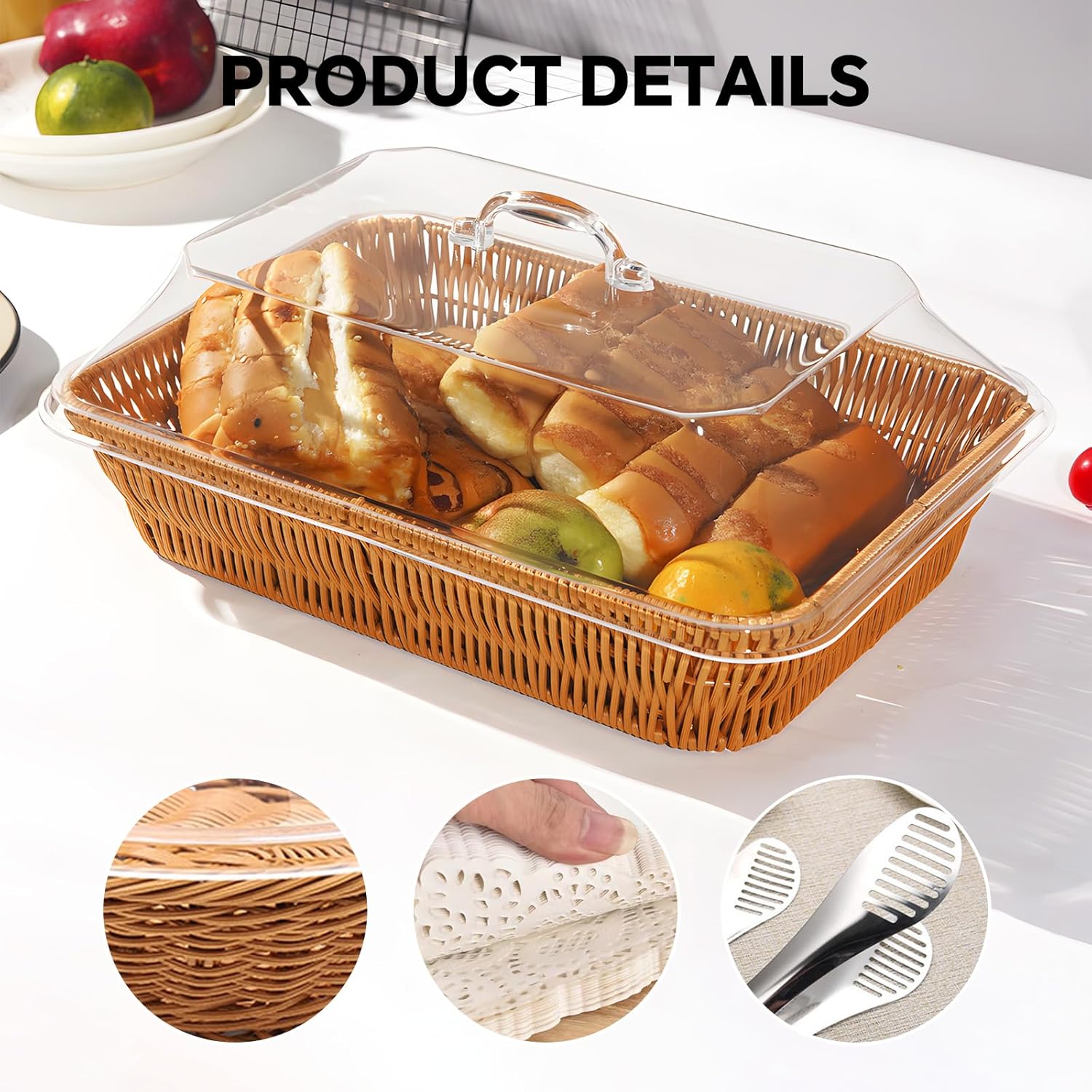 Rattan Bread Baskets, 3 Pack, rectangular Woven Baskets with Acrylic Lids, 13.8 x 9.8 inches, Stainless Steel Tongs, Lace Doilies, for Bread, Fruit, Food Display