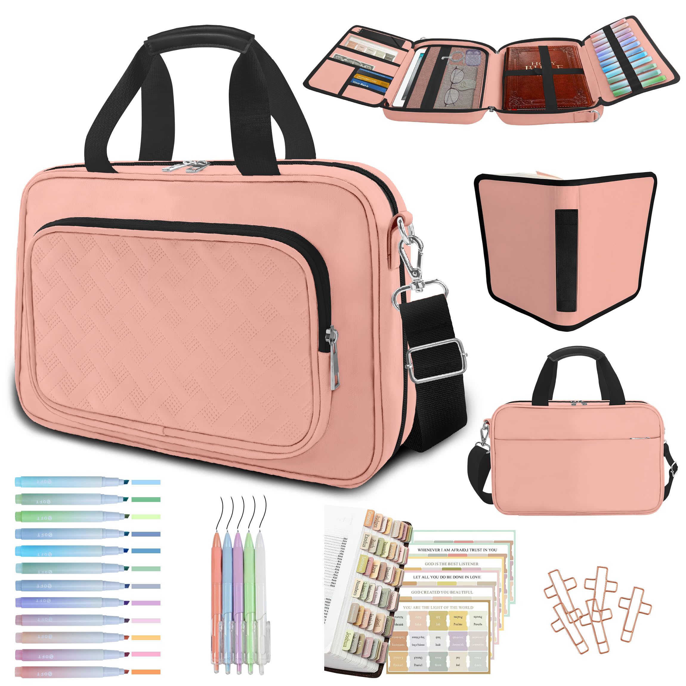 bolimoss Bible Cover with Handle Strap, Large Bible Cover Case with Zipper Pockets, Bible Carrying Case with Pens Highlighters Cross Clips Tabs, Bible Accessories for Women Christian Gift(Pink)