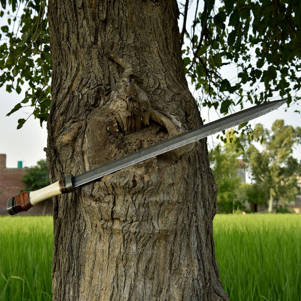 Armory Replicas™ Roman Infantry Army Spatha Damascus Steel Sword – Handcrafted Firestorm Pattern Blade, 30.5 Inch Authentic Replica with Bone & Olive Wood Handle