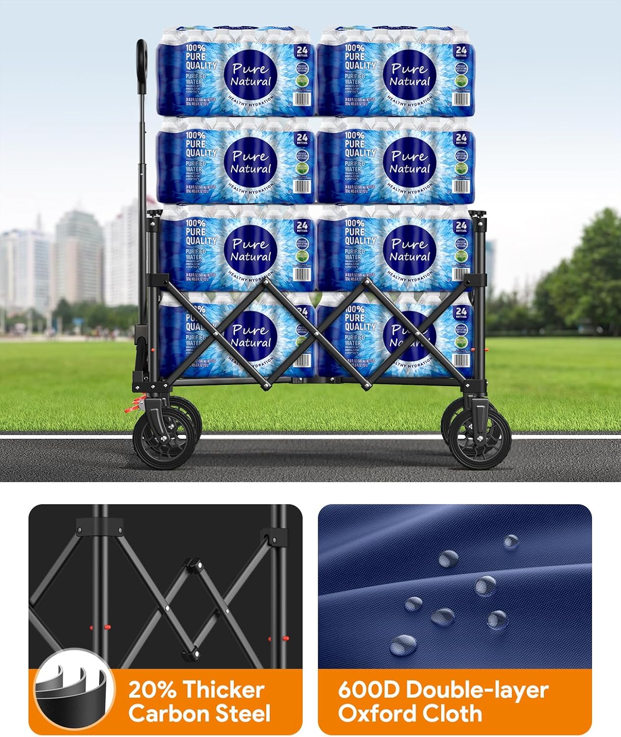 Wagon Carts Foldable, 180L Collapsible Foldable Wagon with 330lbs Weight Capacity, Heavy Duty Utility Cart with Drink Holders and Brakes for Beach Camping Shopping Sports Wheelbarrows, Blue