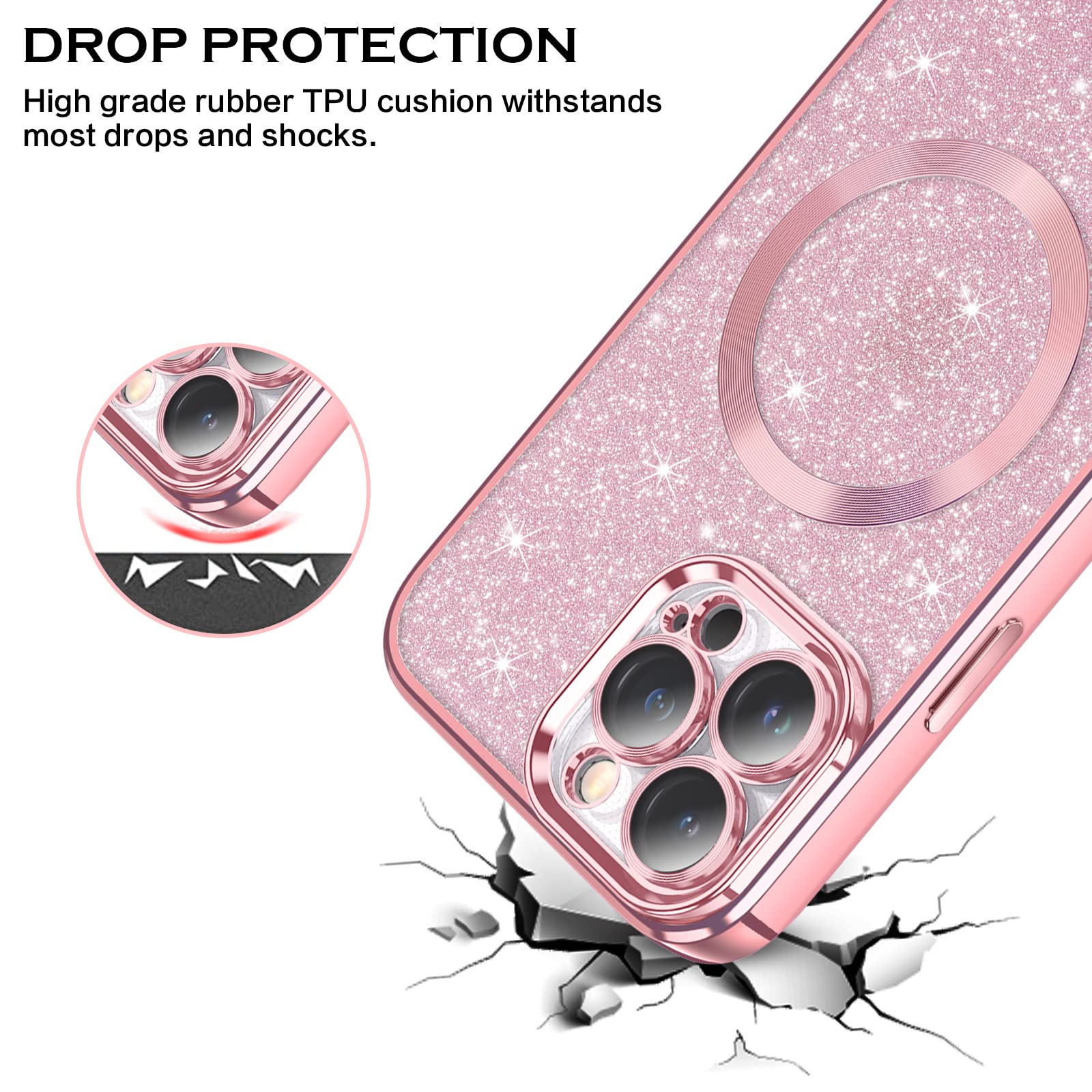 Cover Compatibile con iphone 13 Pro Max Custodia Glitter, 2 Pezzi Pellicola Protettiva in Vetro Temperato & 2 Pezzi Pellicola Fotocamera, Brillantini Morbido TPU Protezione Trasparente Case