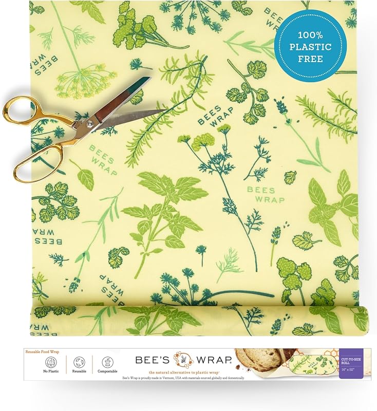 Bee's Wrap Rollo de envoltura de cera de abejas vegana, 14 x 52 pulgadas - Herb Garden | Envolturas orgánicas a base de plantas cortadas a medida - Sin plástico - Almacenamiento de alimentos reutilizable - Envoltura de tazones, pan y productos - Hecho en EE. UU.
