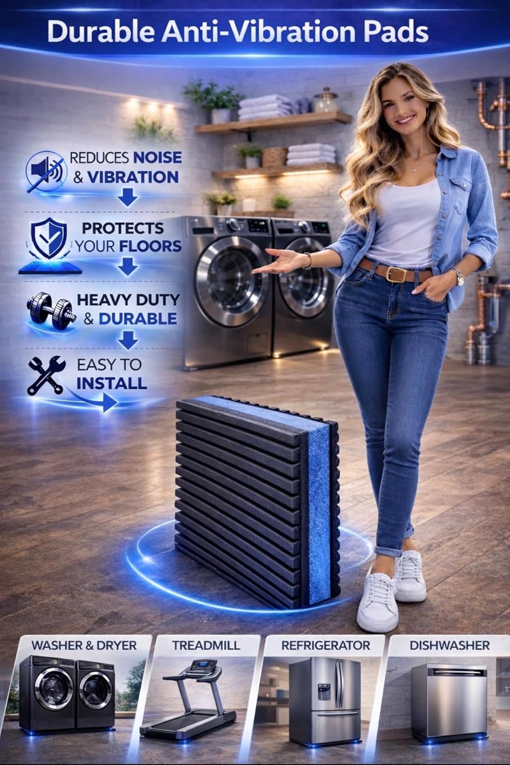 (6) Anti Vibration Pads 4" x 4" x 7/8" Thick, Heavy Duty, Non-Slip Shock Absorbing Vibration Isolation for Washer, Dryer, HVAC, Air Compressor, Generator, Treadmill Floor Protector, Customizable