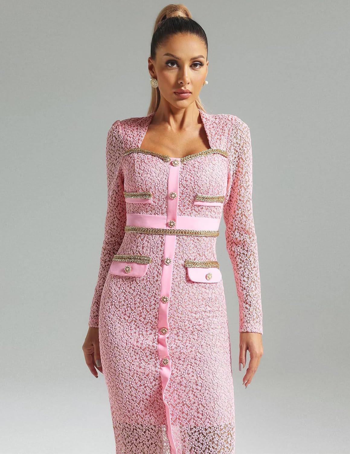 Pink Lace Dress Square Neck Floral Dress Button Down Dress for Women