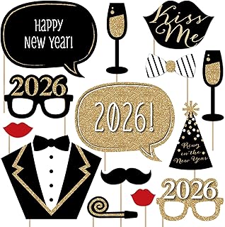 Big Dot of Happiness 2026 Gold New Years Eve Photo Booth Props, 2026 Party Props Kit, New Year's Eve Party Supplies, 20 Count