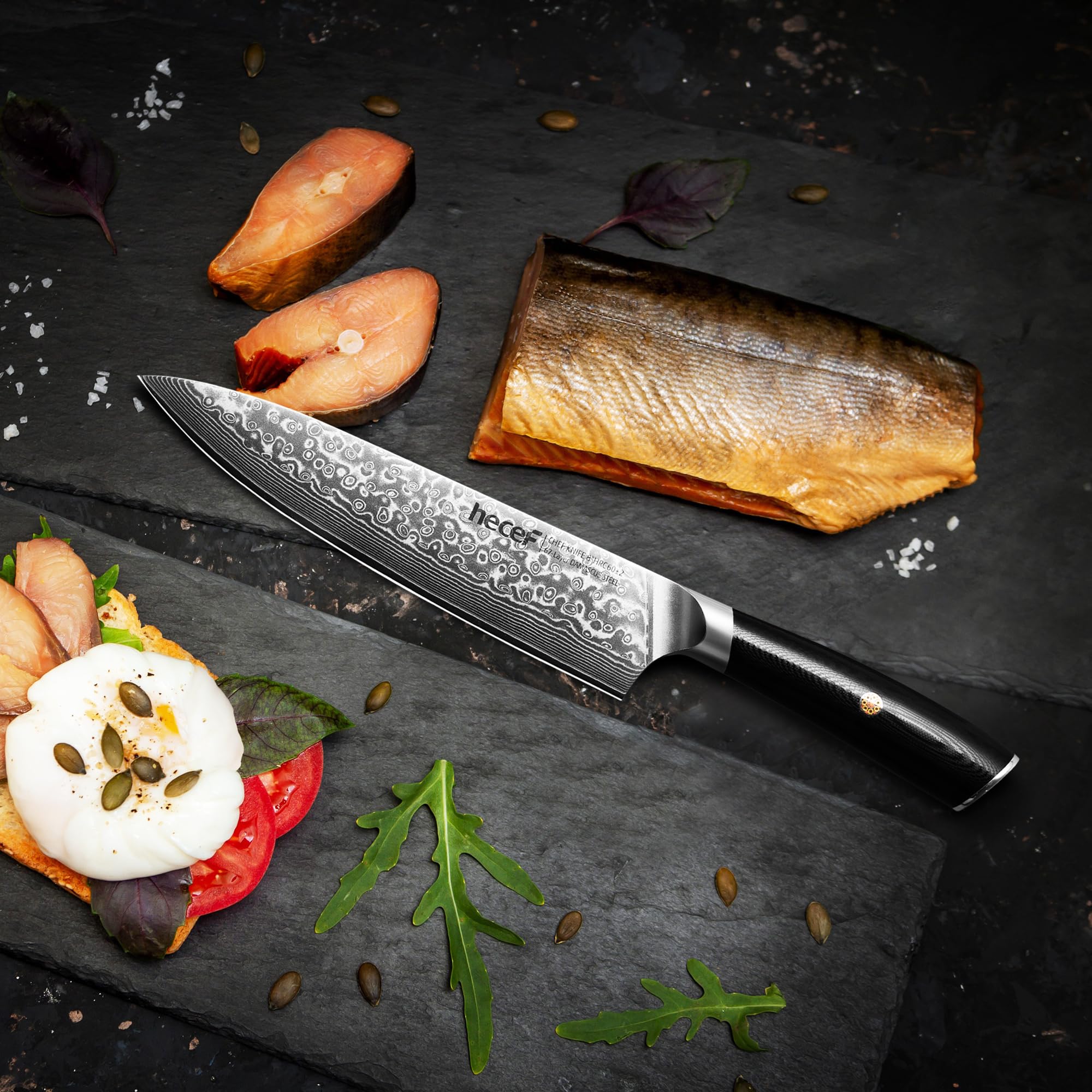 hecef Cuchillo Damasco, Cuchillo Japones Profesional con Mango Ergonómico G10, 67 Capas Cuchillo Acero Damasco con Protector de Hoja, 20 cm Cuchillo Chef, Regalo para Chef y Amantes de la Cocina