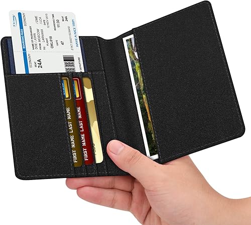 Vista 2 de Fintie - Funda para tarjetas y pasaporte, de piel sintética, bloqueo RFID, cartera de viajes (mezclilla negra)