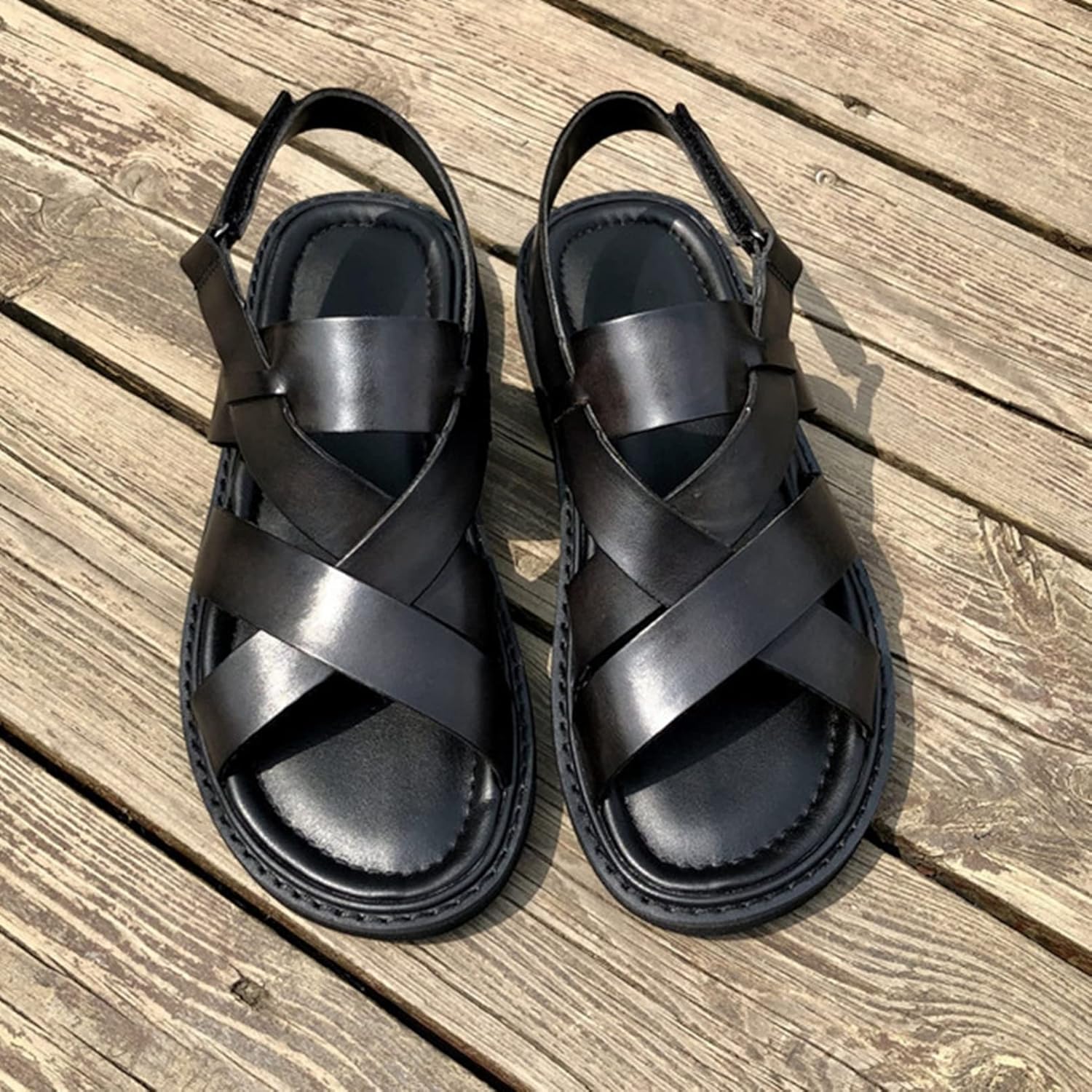 [kzzkoo] レザー メンズサンダル マジックテープ クロスサンダル 本革 牛革 革靴 ビーチサンダル 防滑 耐久性 痛くない カジュアル 紳士用 水陸両用 耐磨耗 幅広 通勤 通学 フラット クッション