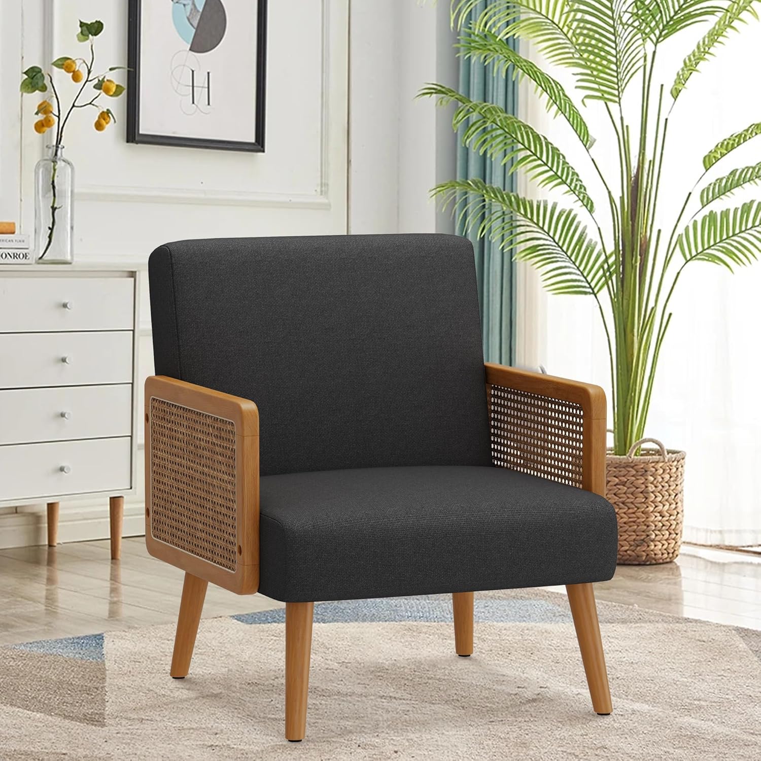 Accent Chair with Rattan Arms, Upholstered Mid Century Modern Chair for Bedroom Living Room Reading Chairs Rattan Armchair, Linen Comfy Lounge Chairs Side Chair, Beige