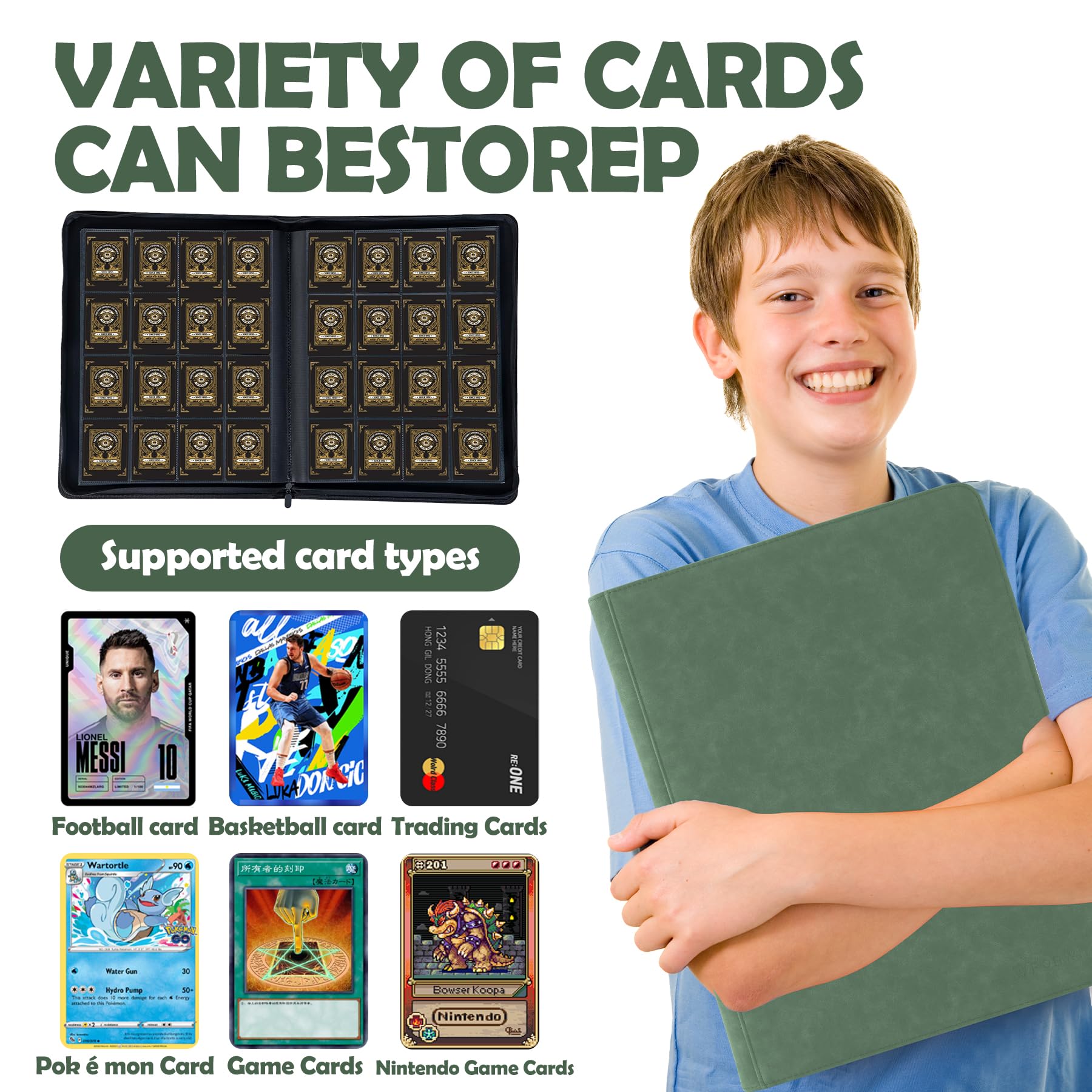 Raccoglitore per carte collezionabili con oltre 1000 tasche, 16 tasche, senza anelli, per YuGiOh, MTG, TCG, carte da gioco, carte sportive, biglietti da visita (verde scuro)
