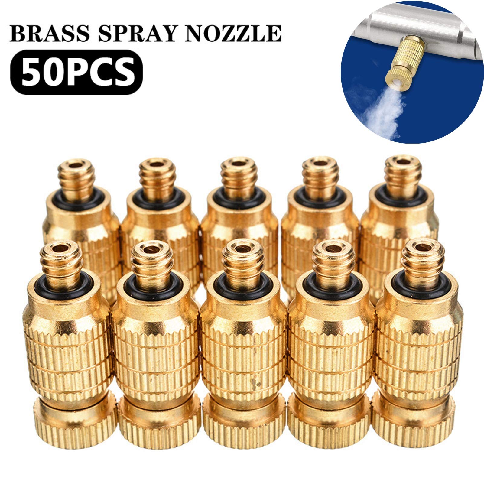 Hochdruck-Nebeldüsen-Set für Kühlsysteme, 3/16"-Gewinde-Messing-Nebeldüsen, tropffreier Nebelsprühkopf für Landschaftsbau, Luftbefeuchtung, Gold (Farbe: 50 Stück, Größe: 0,1 mm)