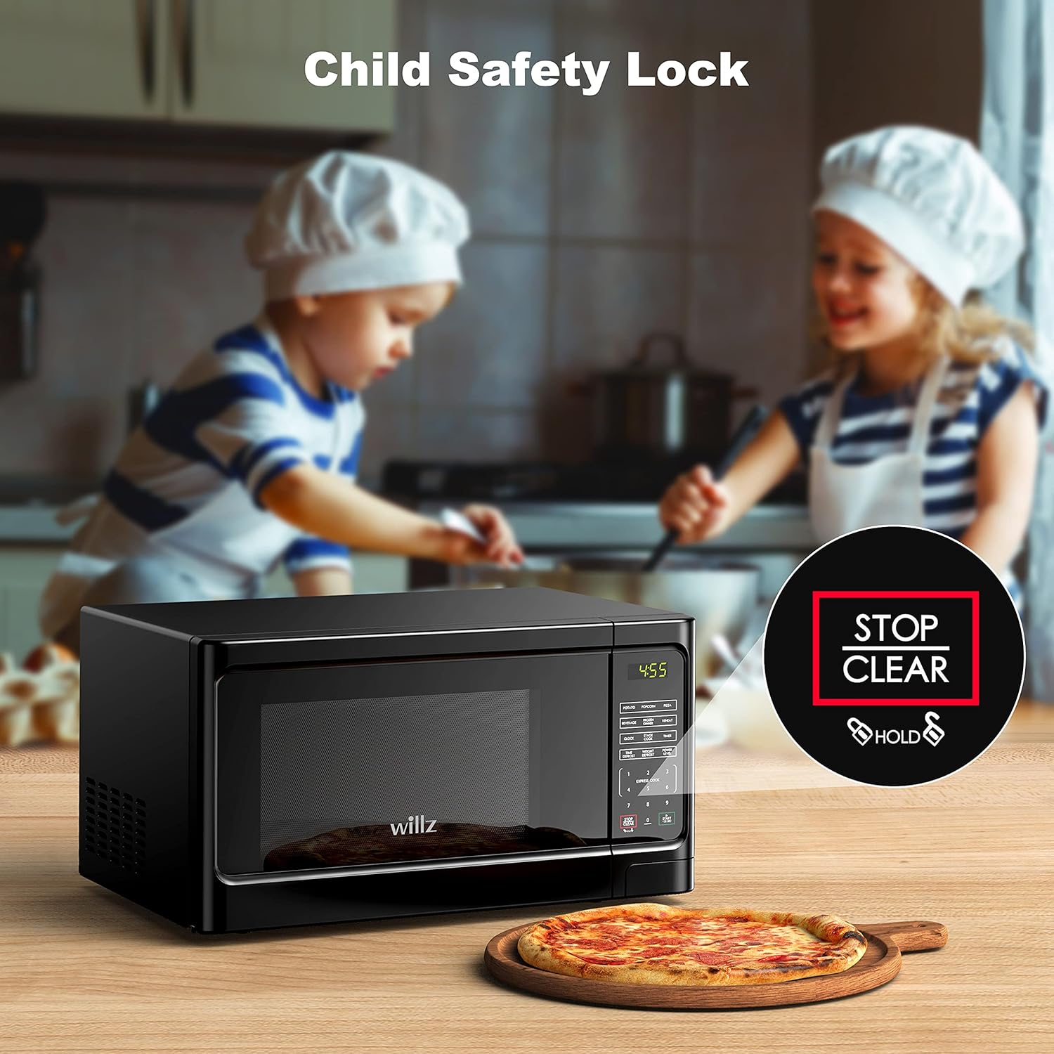 Microwave oven with child safety lock graphic