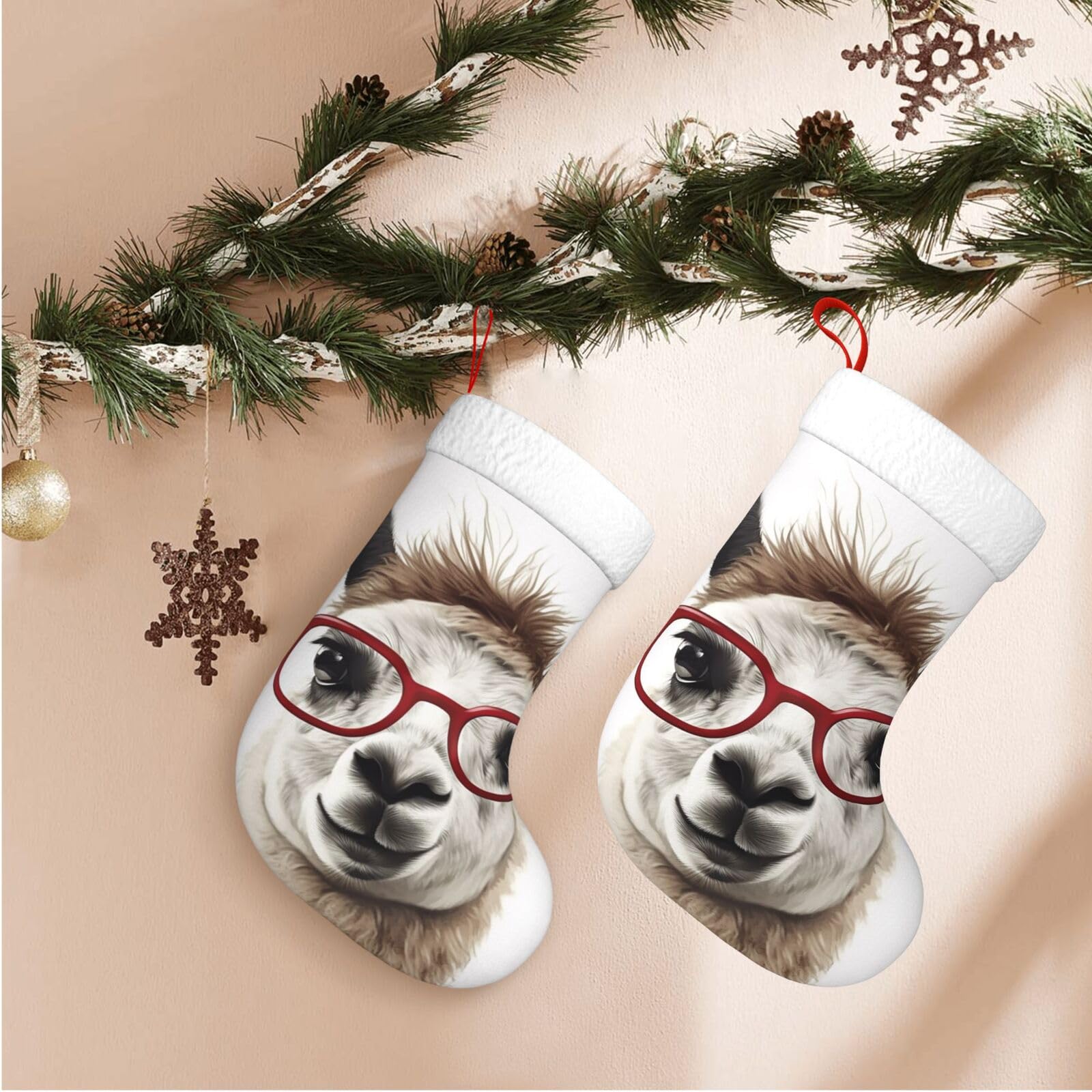 Llama with Glasses Christmas Stockings Velvet Xmas Fireplace Hanging Stocking with Plush Cuff Rustic Christmas Santa Stockings for Home Christmas Decorations Party Favor Supplies