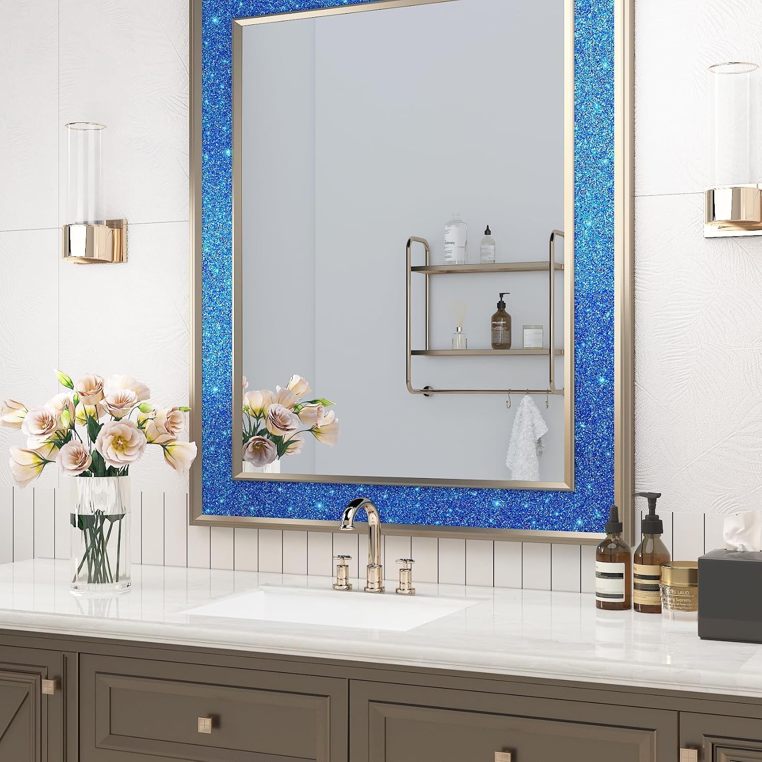 YENHOME Blue Glitter Wallpaper Border 3.94"X590" Peel and Stick Sparkle Mirror Frame Border Self-Adhesive Removable Blue Glitter Wallpaper Borders for Bathroom Back to School Classroom Home Décor