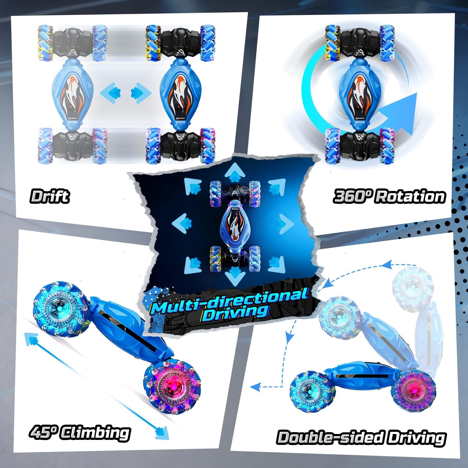 Holyton RC Stunt Car, Gesture Sensing & Remote Control Car with Sunlight Color Changing Body, 4WD All Terrain Drift Vehicle, Lights & Music, Toy Gift for Boys Girls Age 6-12
