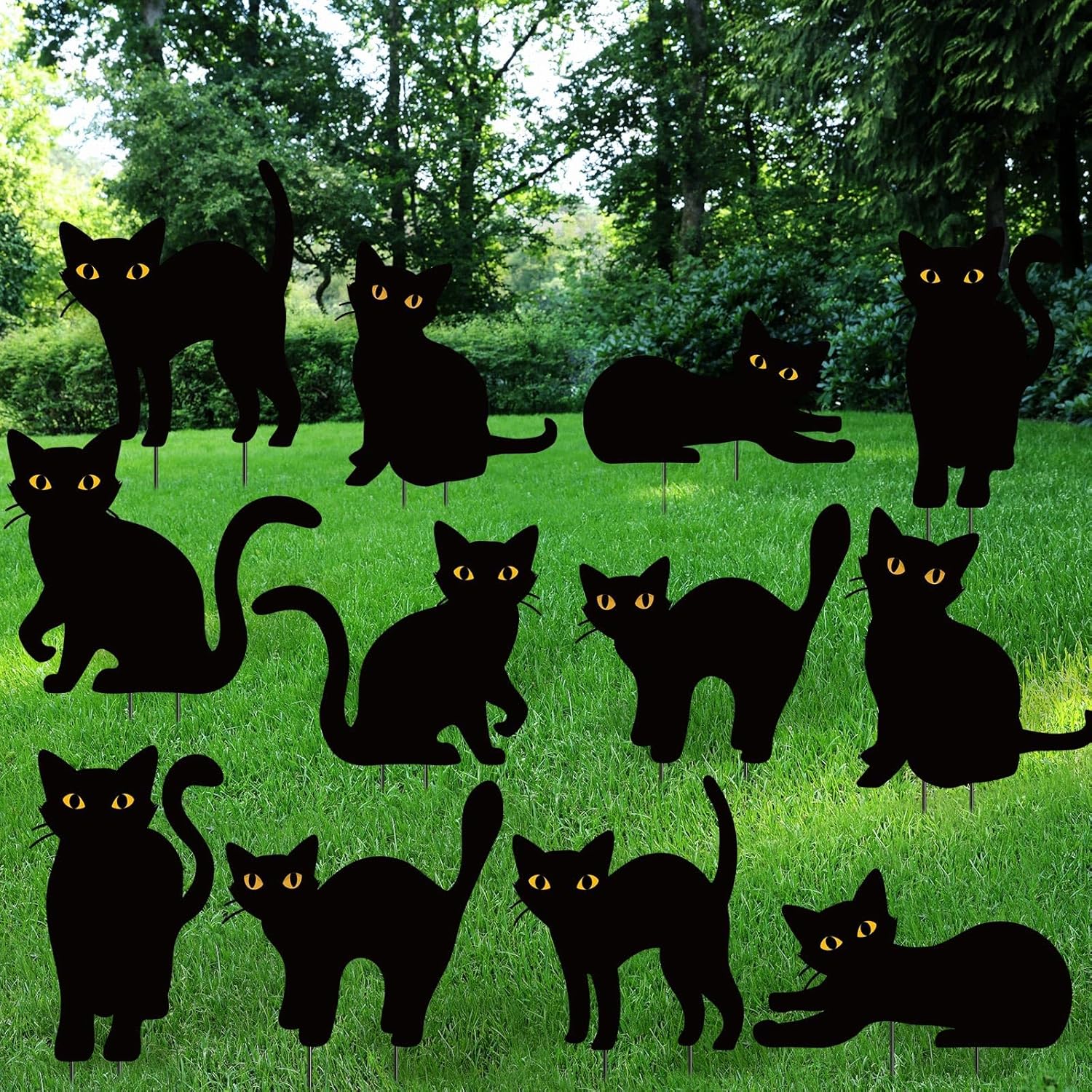 Amyhill 12 Pack Halloween Black Cat Yard Signs with Stakes Scary Silhouette Halloween Decorations for Outdoor Yard Lawn Garden Decor