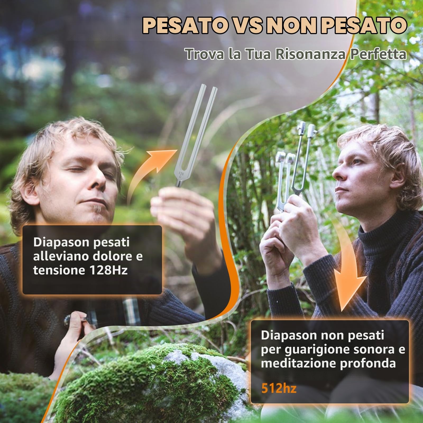 Diapason per la Guarigione 128 Hz, 256 Hz, 512 Hz, 3 Diapason per Chakra con Cuscinetti in Cristallo, Mazzuolo e Attivatore per Meditazione, Terapia del Suono e Armonizzazione del Biocampo