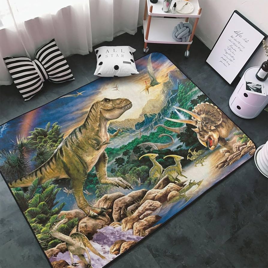 Amazon | 恐竜の時代 谷 青緑 カーペット 長方形 ラグマット