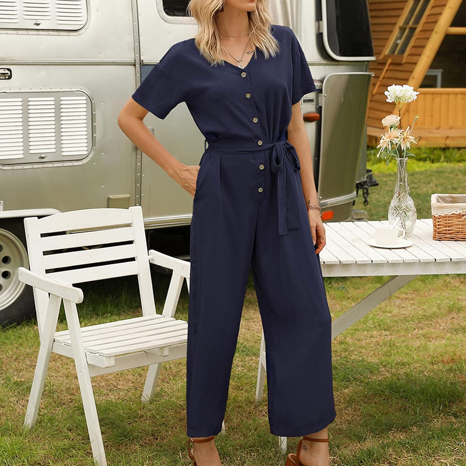 Lu's Chic Women's Short Sleeve Jumpsuit V Neck Romper Long Comfy Casual Fitted Loose Solid Midi