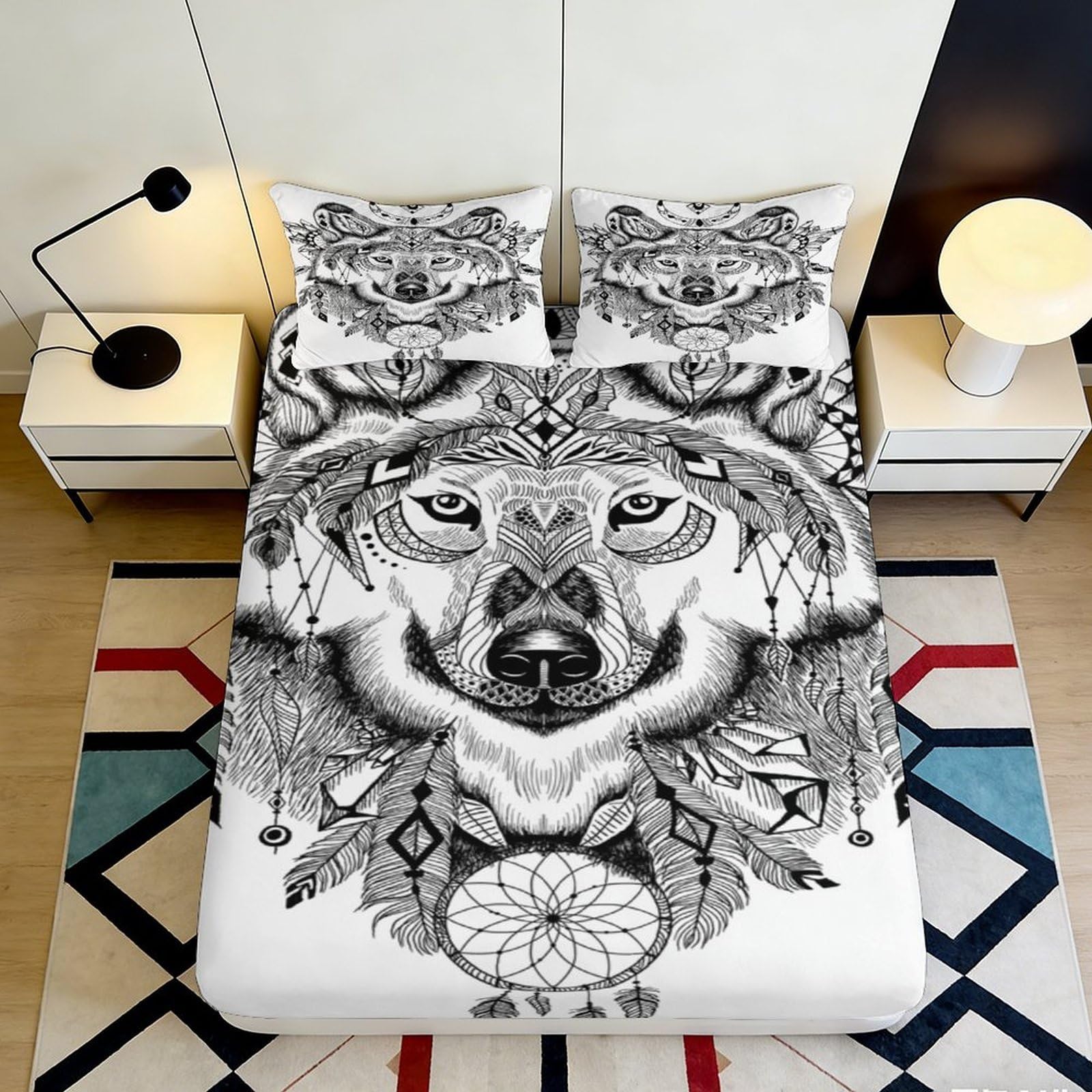 Pnayamiorkfel Style-7 3D Printed Wolf Dreamcatcher Fitted Sheet Microfiber Black White Bed Cover For Bedroom Dorm Mattress Decor Gift 90X200x25cm