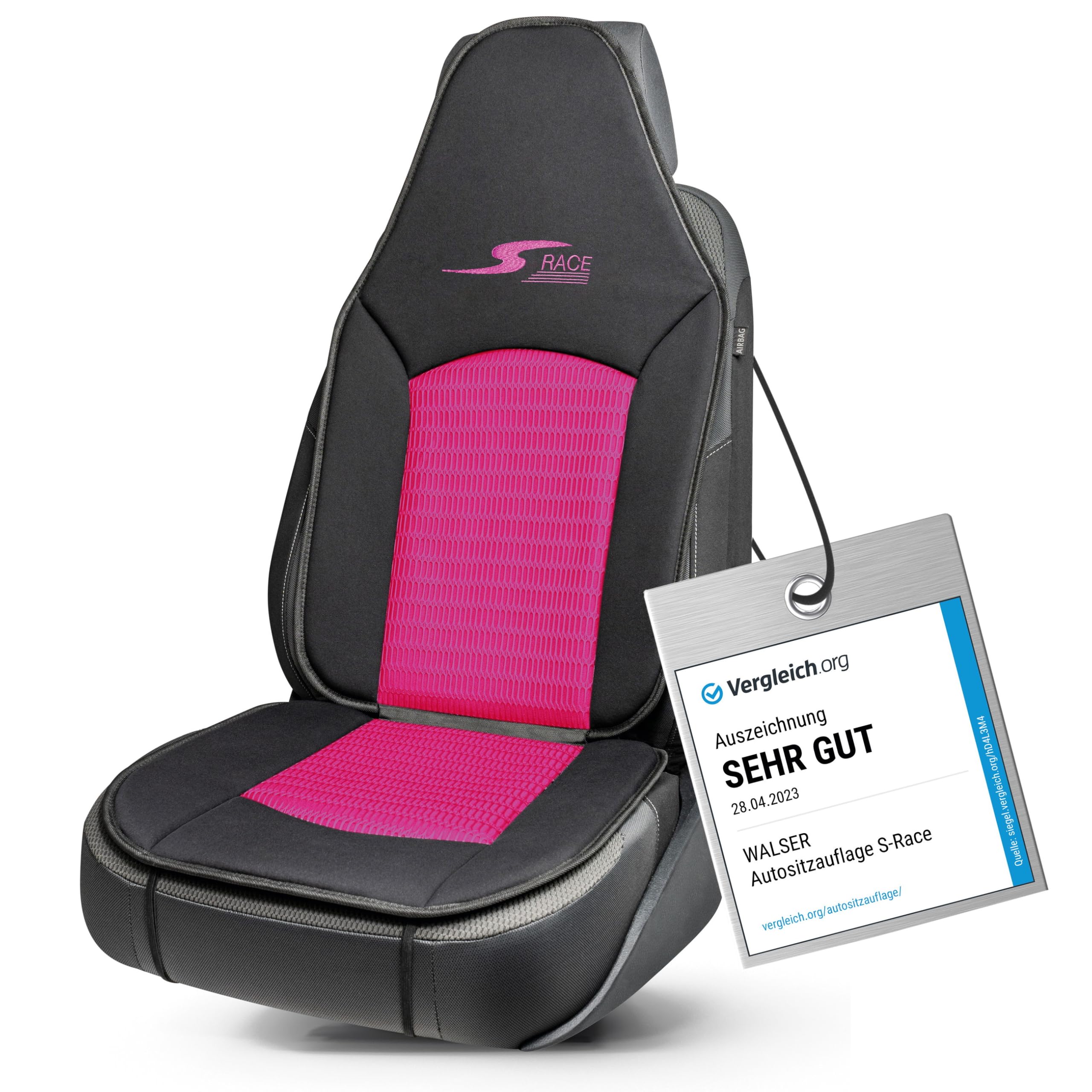 Walser Car Comfort Auto-Sitzauflage S-Race, Auszeichnung Sehr Gut* Autositzauflage für Highback-/Pilotensitze, Universal Sitzschoner-Auto, Sitzauflage-Auto Vordersitze pink/schwarz