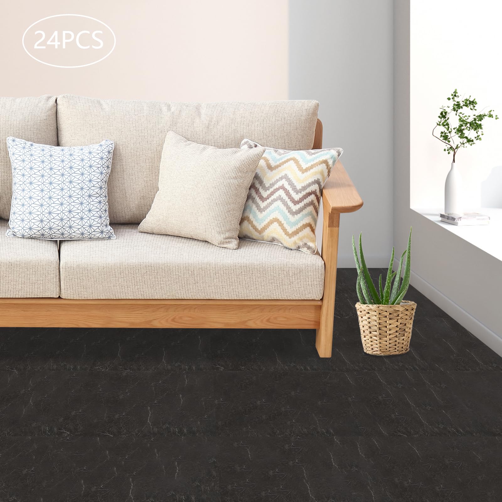 Baldosas autoadhesivas de PVC, 24 unidades (60 x 30 cm), 1,3 mm de grosor (aproximadamente 4,32 ㎡ de superficie de cubierta), color negro, grano de piedra, impermeable, moderno, para cocina y baño