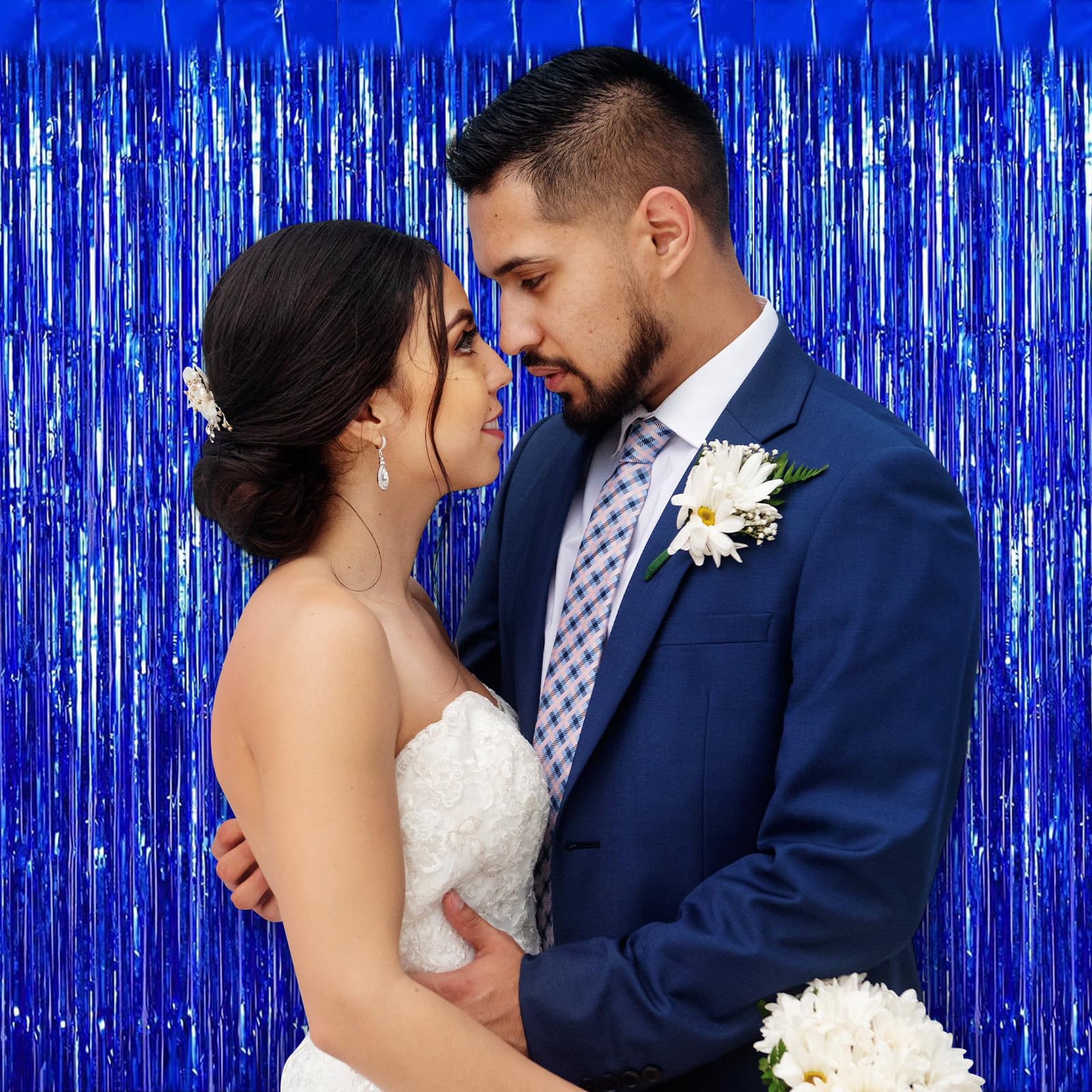 Cortina de flecos azules para fiesta, paquete de 12 cortinas de papel de aluminio de 3.2 pies x 8.2 pies, cortinas de telón de fondo de oropel para cabina de fotos, telón de fondo para cumpleaños,