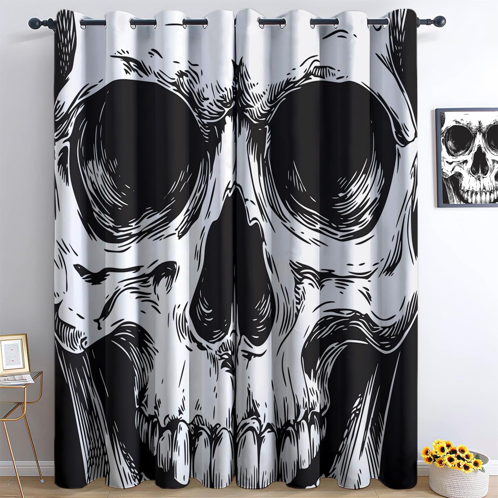 Gotycki horror z przelotkami, nieprzezroczyste, termoizolacyjne i anty-UV, dźwiękoszczelne zasłony z oczkami do sypialni, salonu, szare, 234 x 229 cm, 2 sztuki