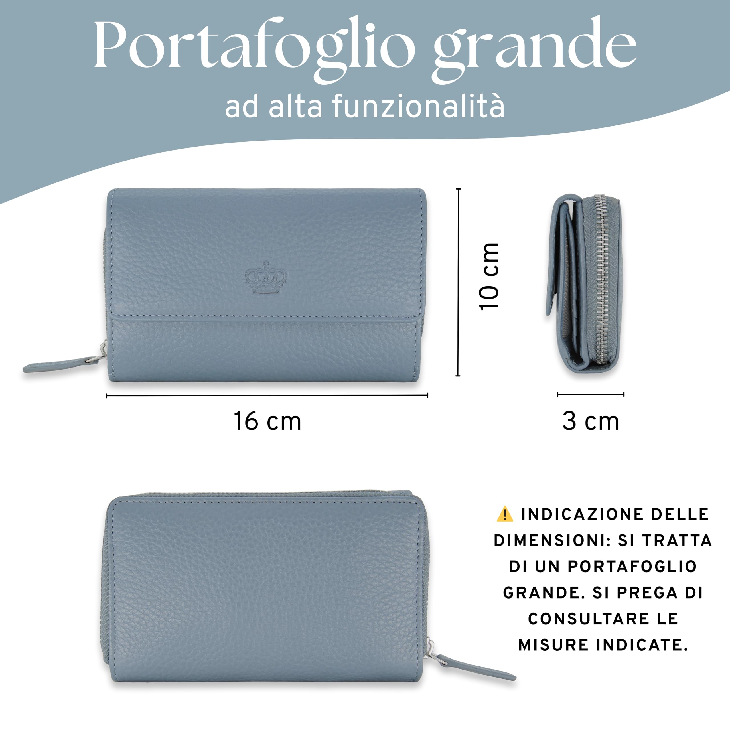 Baur portafoglio da donna – vera pelle con protezione RFID – portafoglio grande con 14 scomparti per carte – chiusura a bottone a pressione & tasca portamonete con cerniera (Blu colomba)